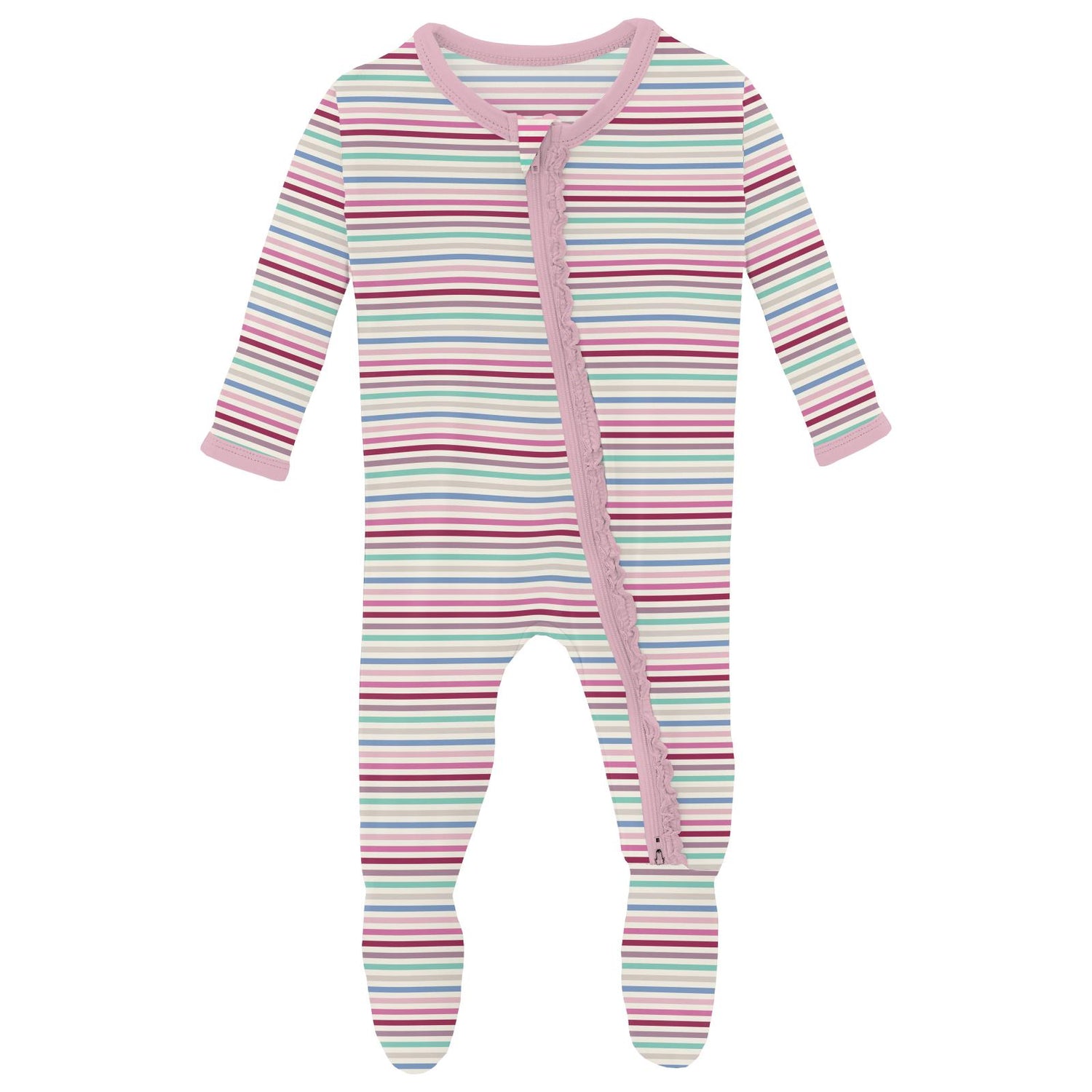 Print Muffin Ruffle Footie with 2 Way Zipper in Make Believe Stripe