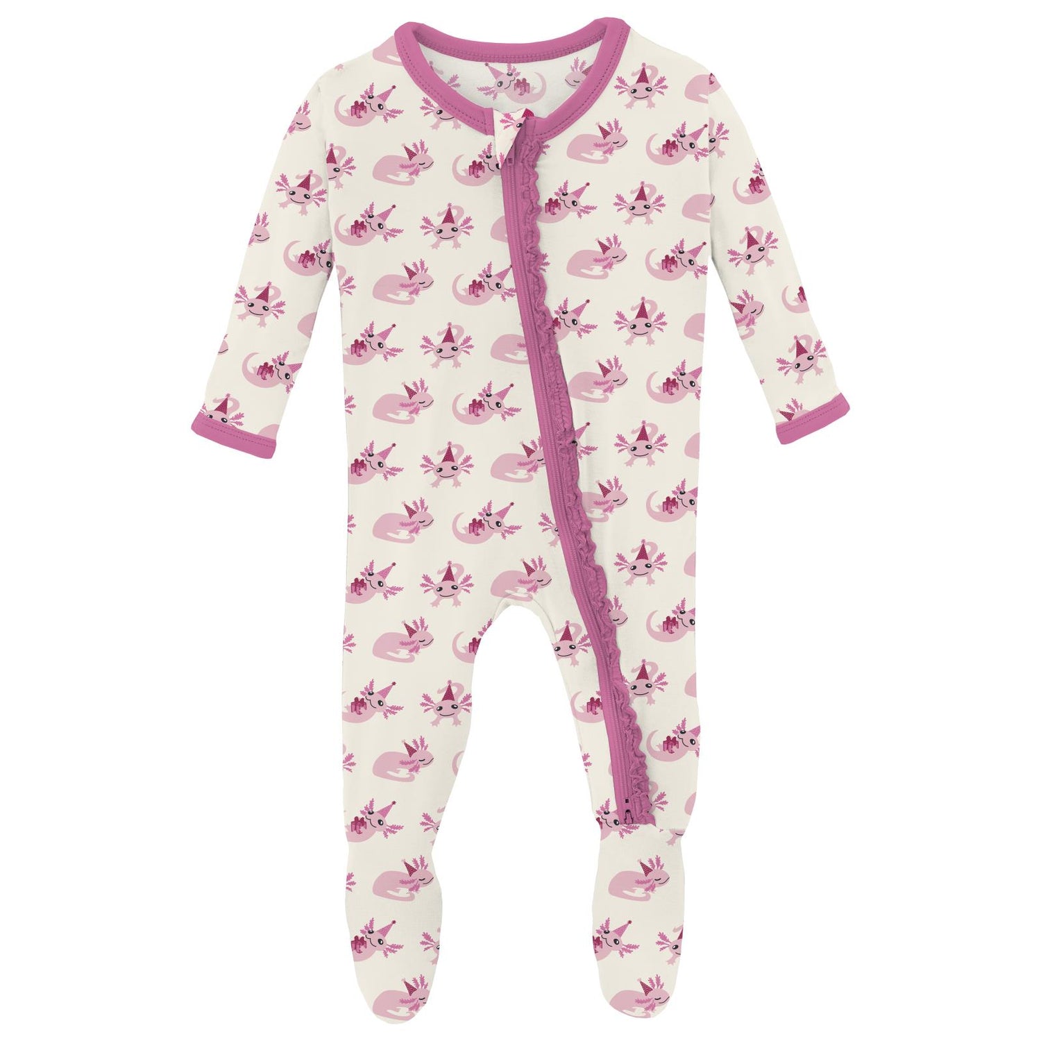 Print Muffin Ruffle Footie with 2 Way Zipper in Natural Axolotl Party