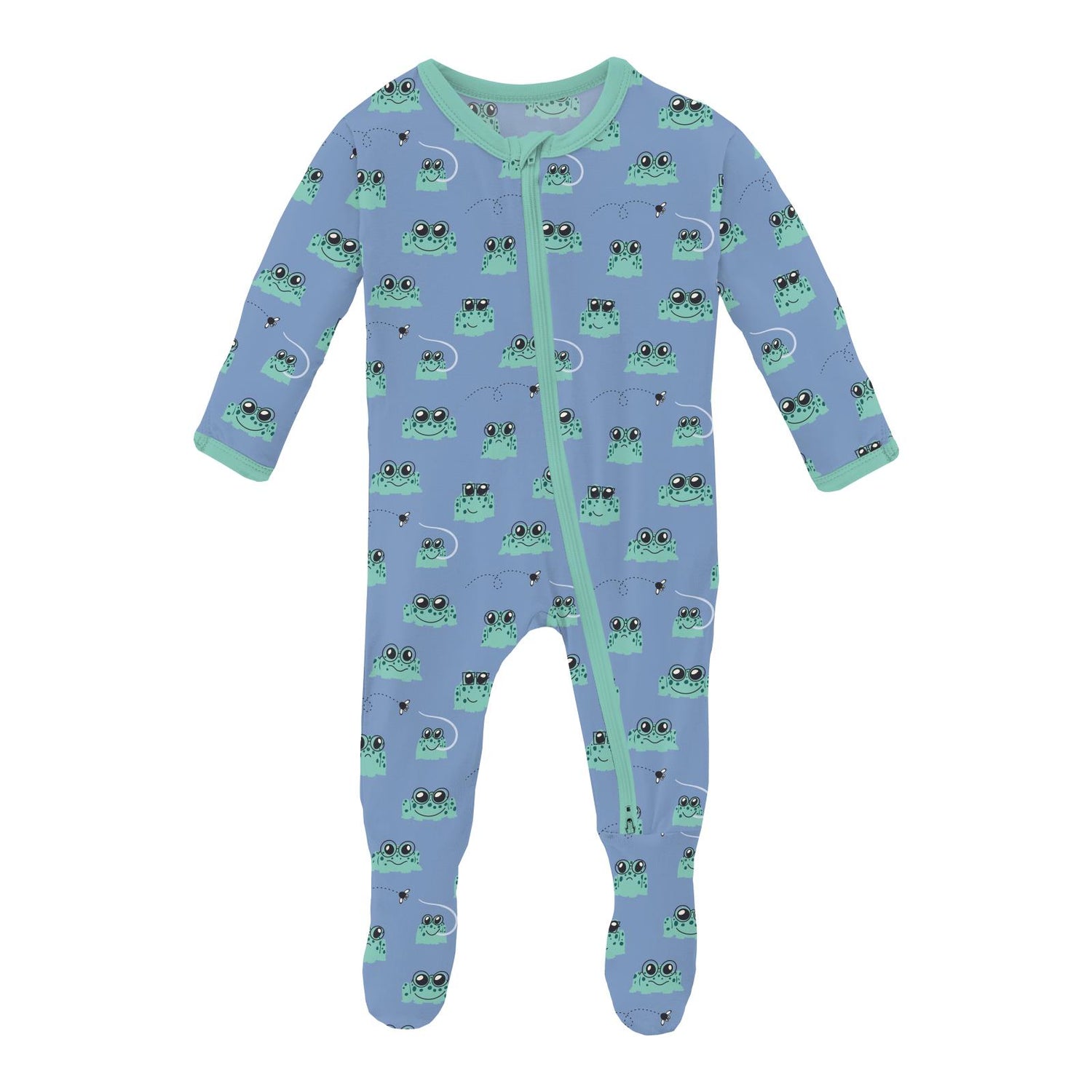 Print Footie with 2 Way Zipper in Dream Blue Bespeckled Frogs