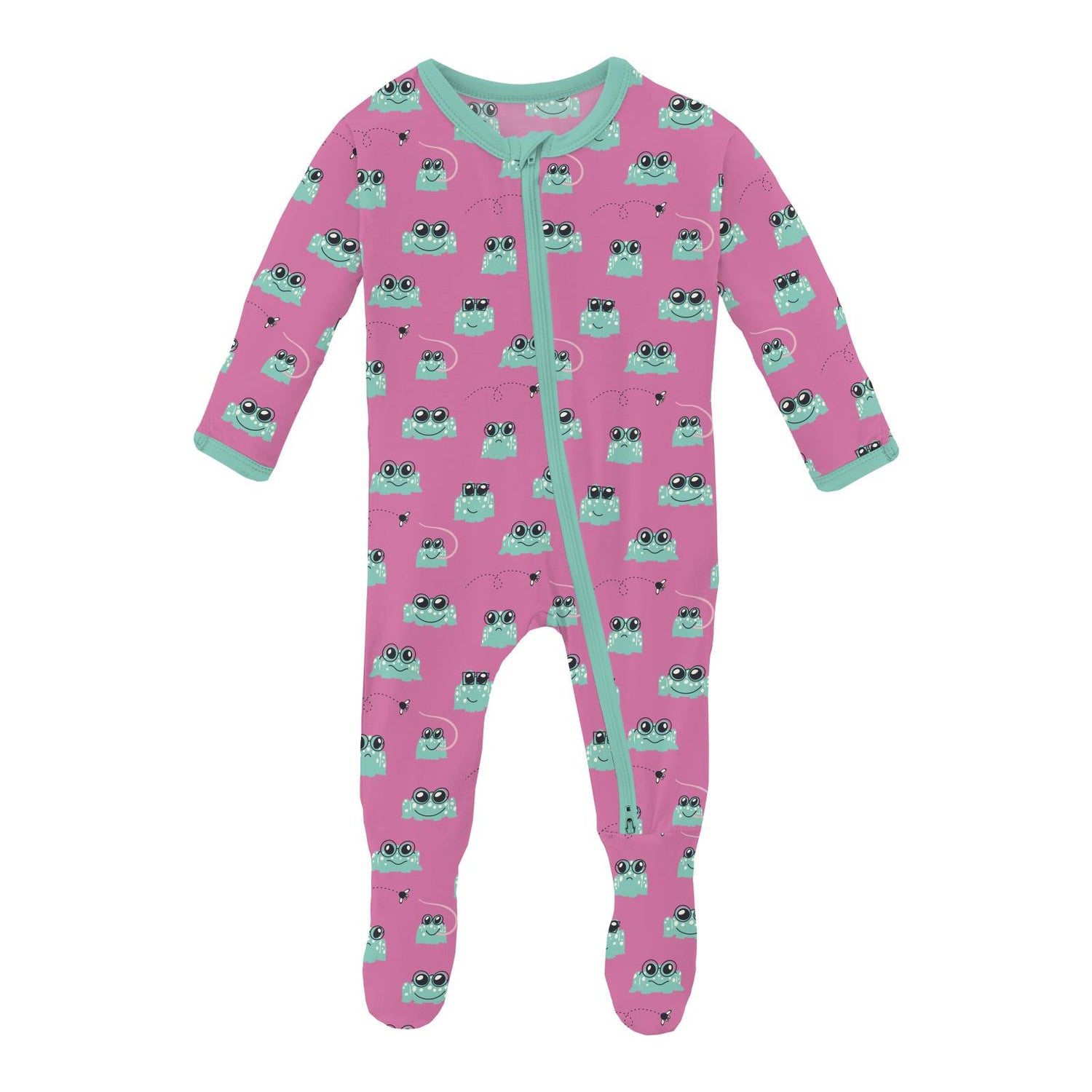 Print Footie with 2 Way Zipper in Tulip Bespeckled Frogs