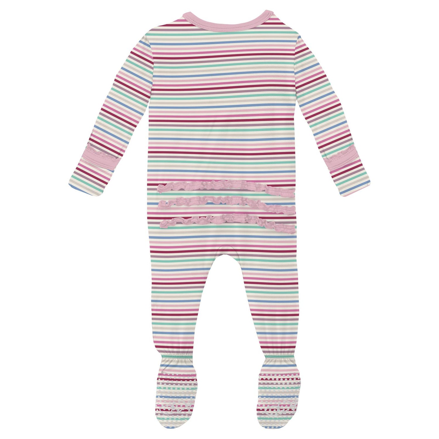 Print Muffin Ruffle Footie with 2 Way Zipper in Make Believe Stripe