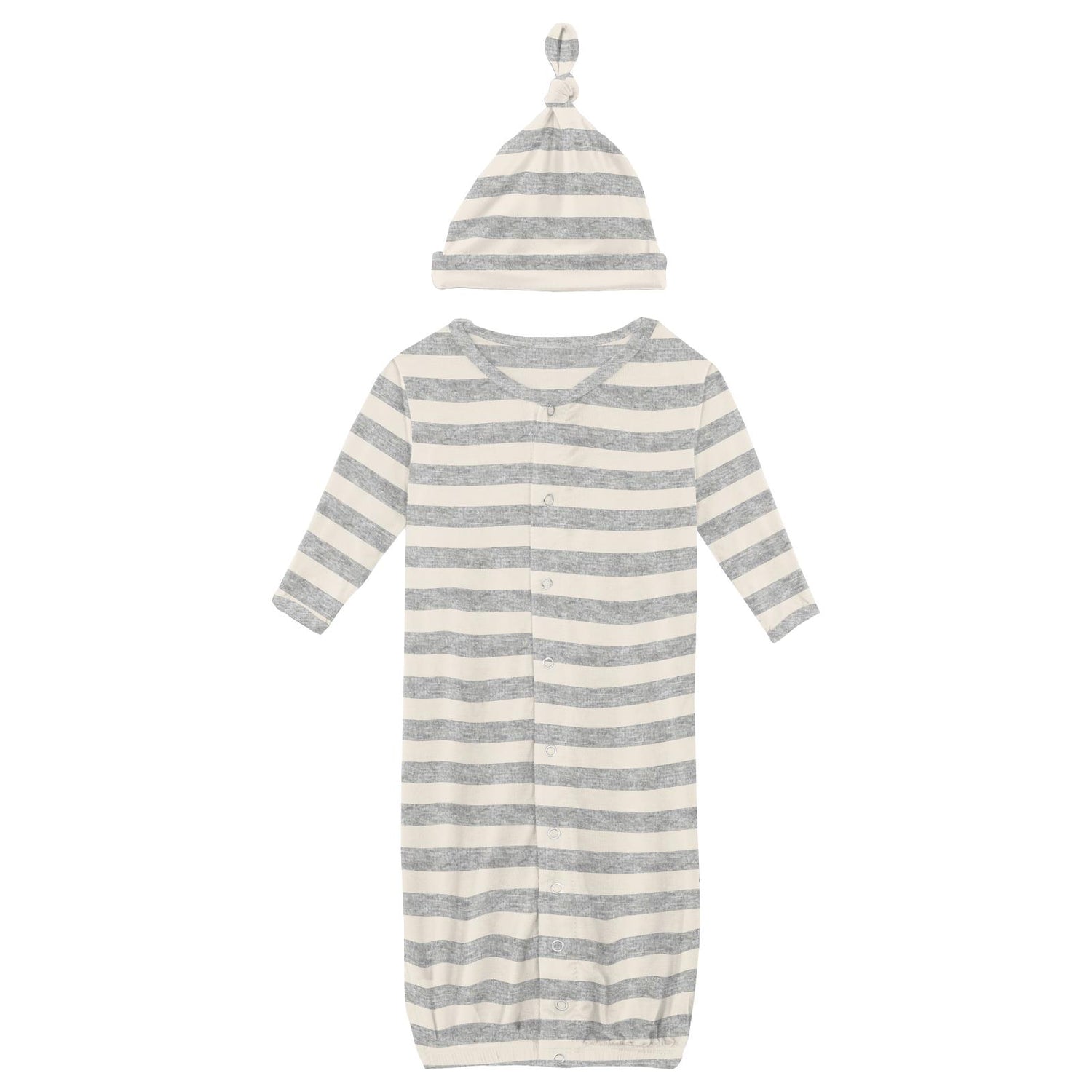 Print Layette Gown Converter & Single Knot Hat Set in Heathered Mist Sweet Stripe