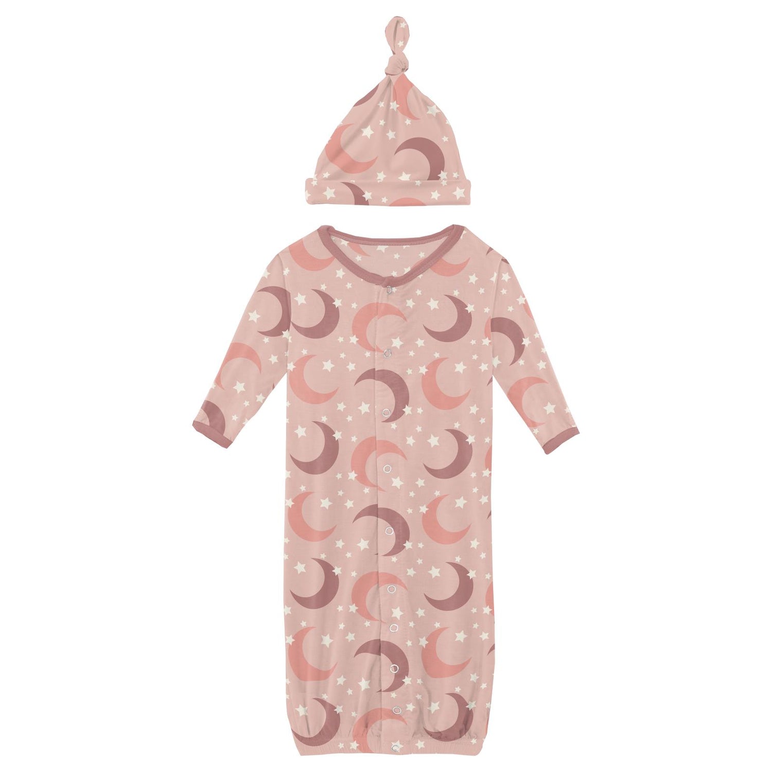 Print Layette Gown Converter & Single Knot Hat Set in Peach Blossom Moon and Stars