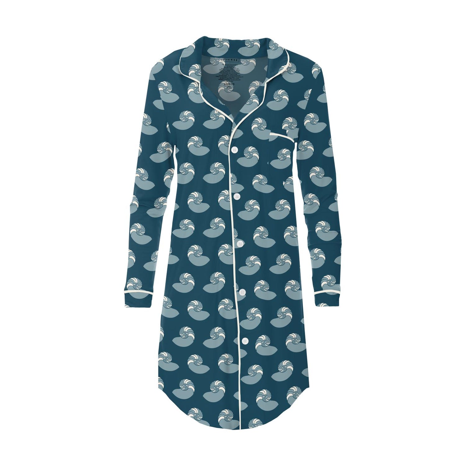 Women's Print Long Sleeve Button Down Nightshirt in Peacock Nautilus