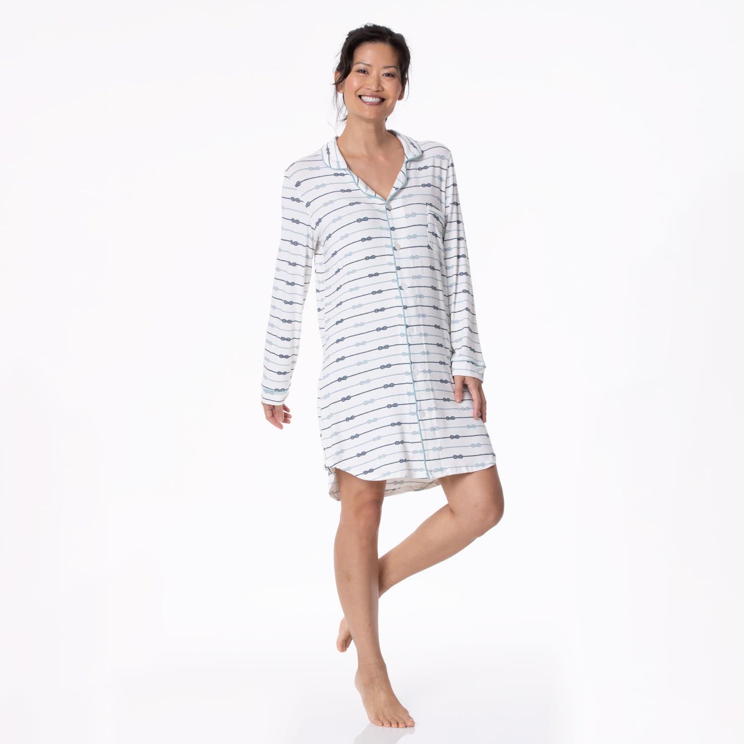 Women's Print Long Sleeve Button Down Nightshirt in Natural Boat Rope