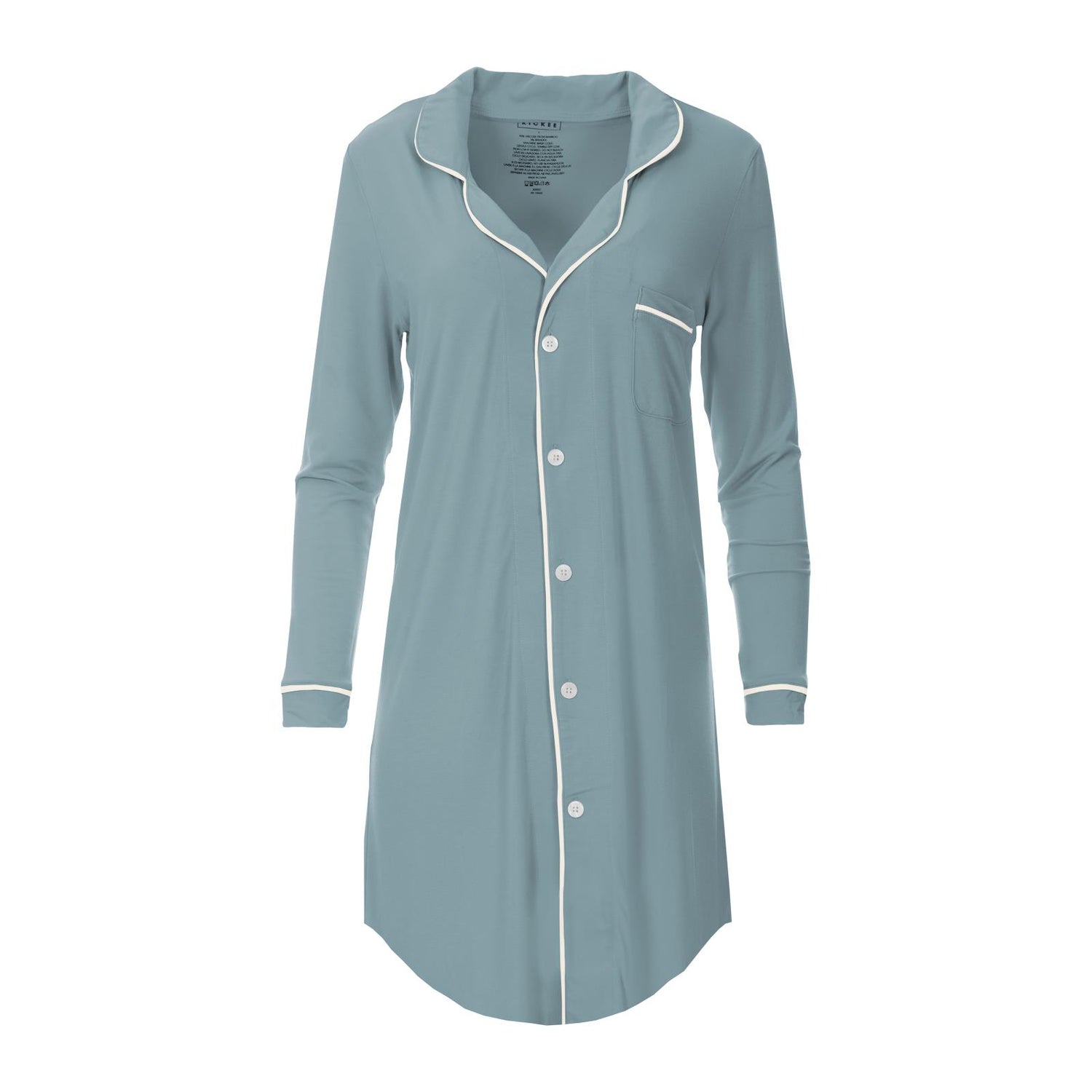 Women's Long Sleeve Button Down Nightshirt in Stormy Sea with Natural