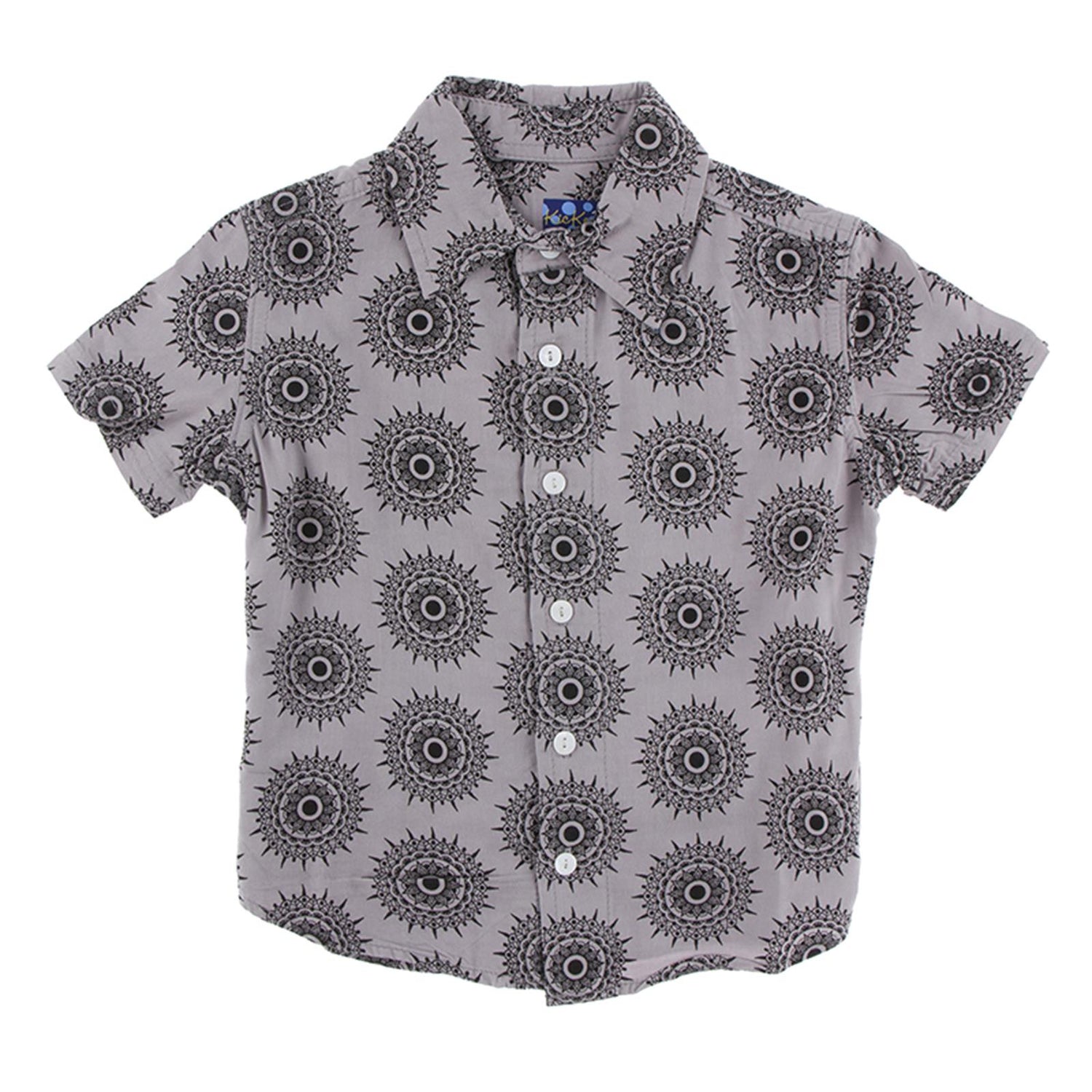 Print Short Sleeve Woven Button Down Shirt in Feather Mandala