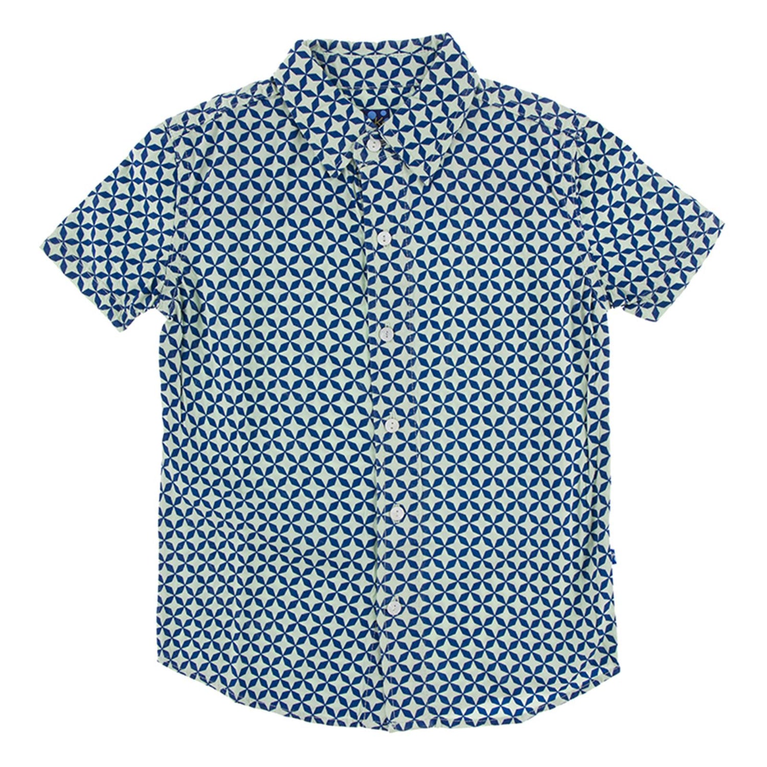 Print Short Sleeve Woven Button Down Shirt in Pistachio Taj Mahal