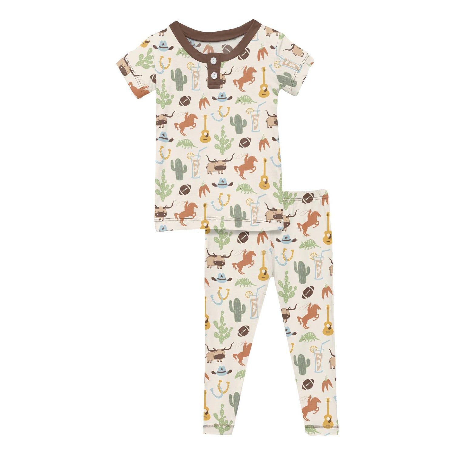 Print Short Sleeve Henley Pajama Set in Natural Rodeo