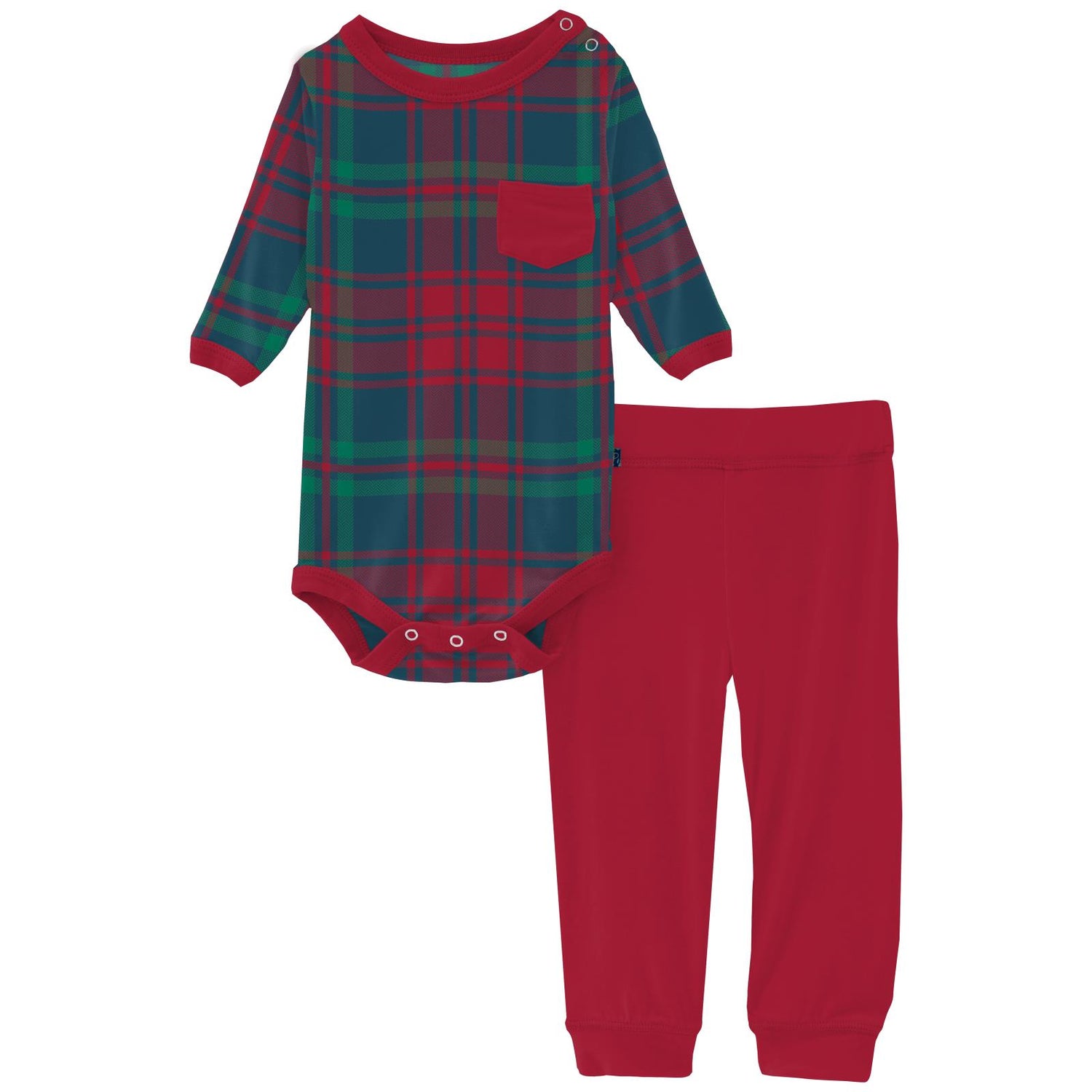 Print Long Sleeve Pocket One Piece & Pants Outfit Set in Peacock Plaid