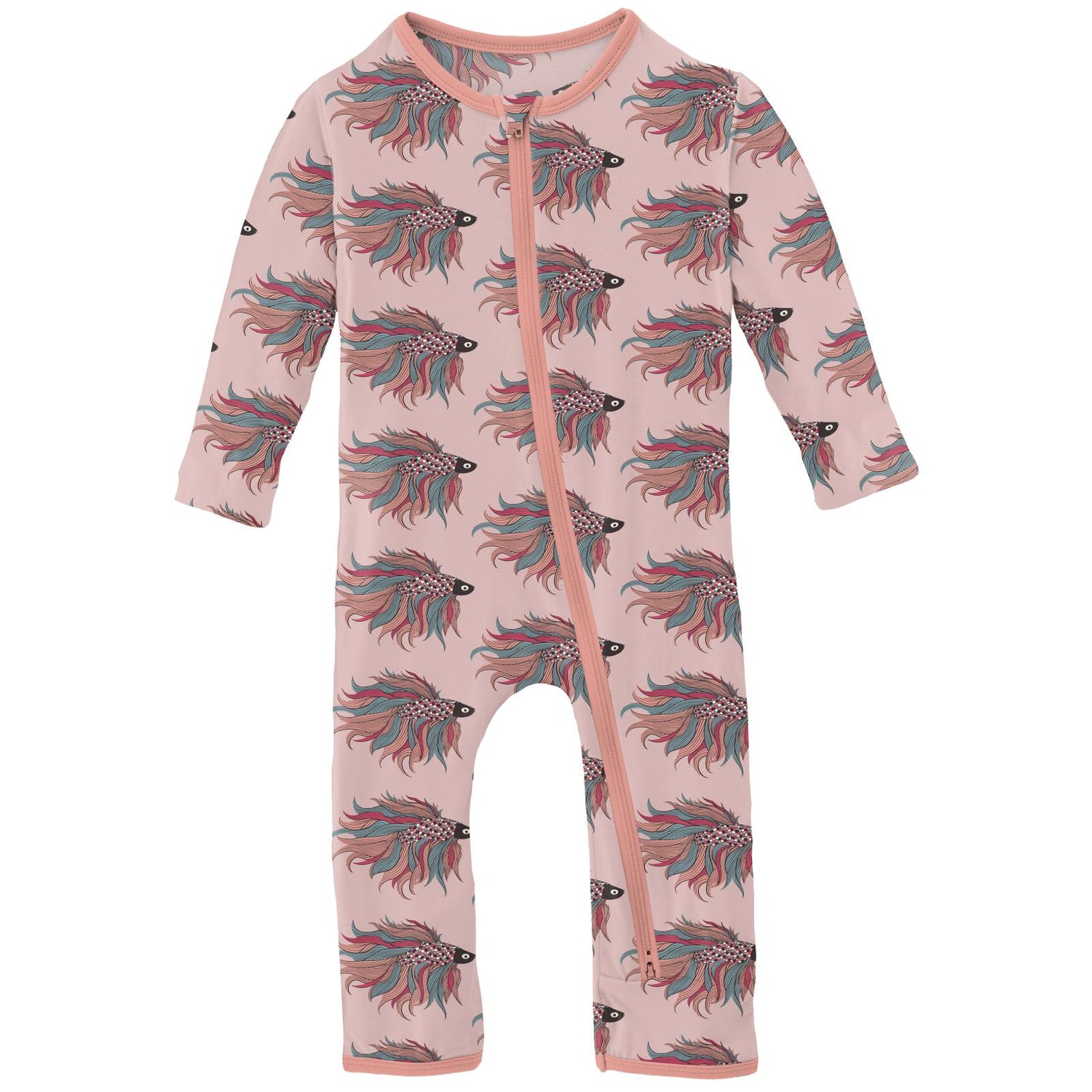 Print Coverall with 2 Way Zipper in Baby Rose Rainbow Fish