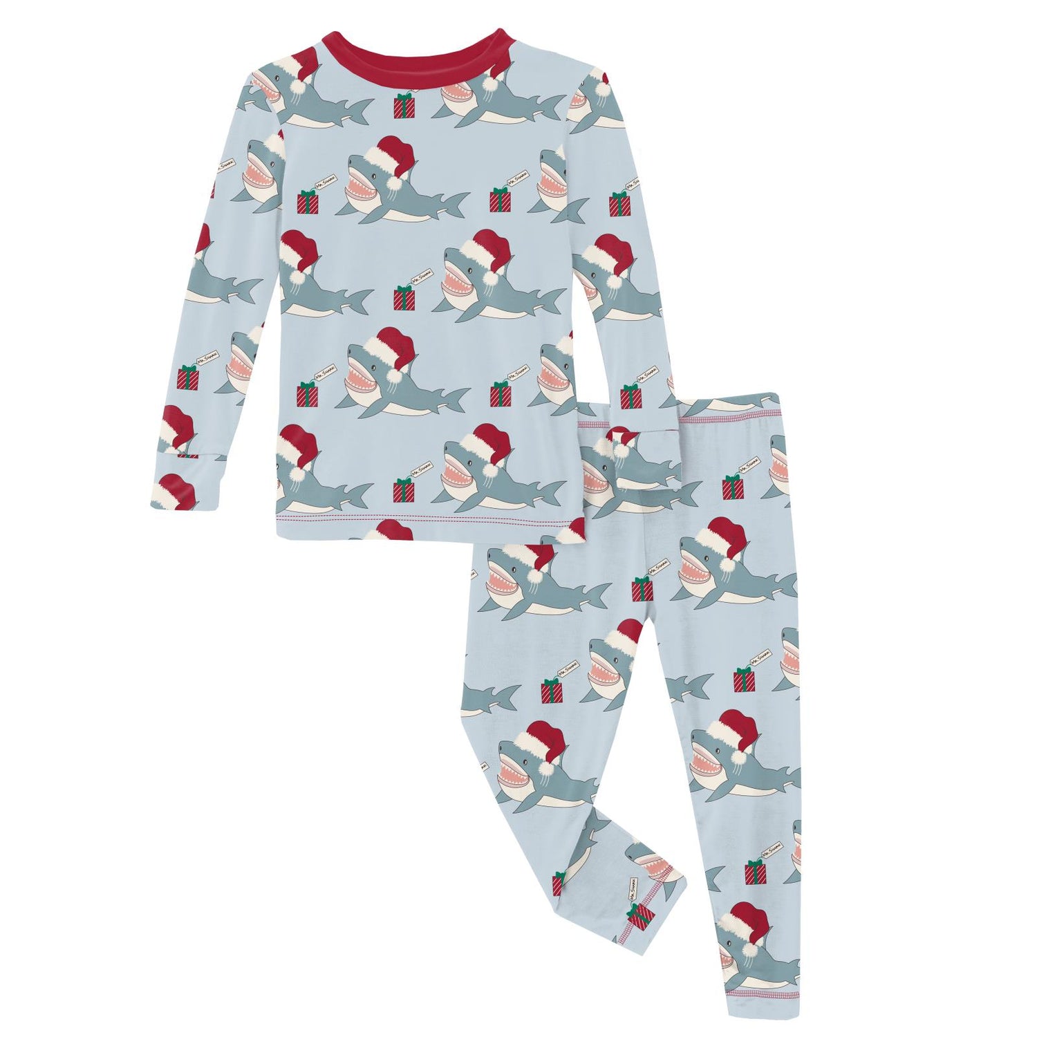 Print Long Sleeve Pajama Set in Illusion Blue Holiday Sharks (341298)