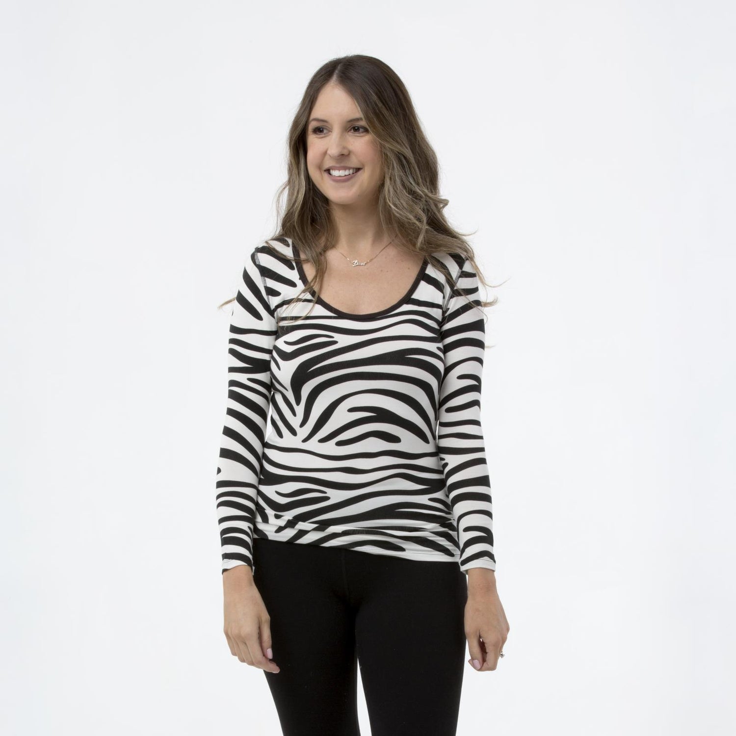 Print Long Sleeve Scoop Neck Tee in Natural Zebra Print