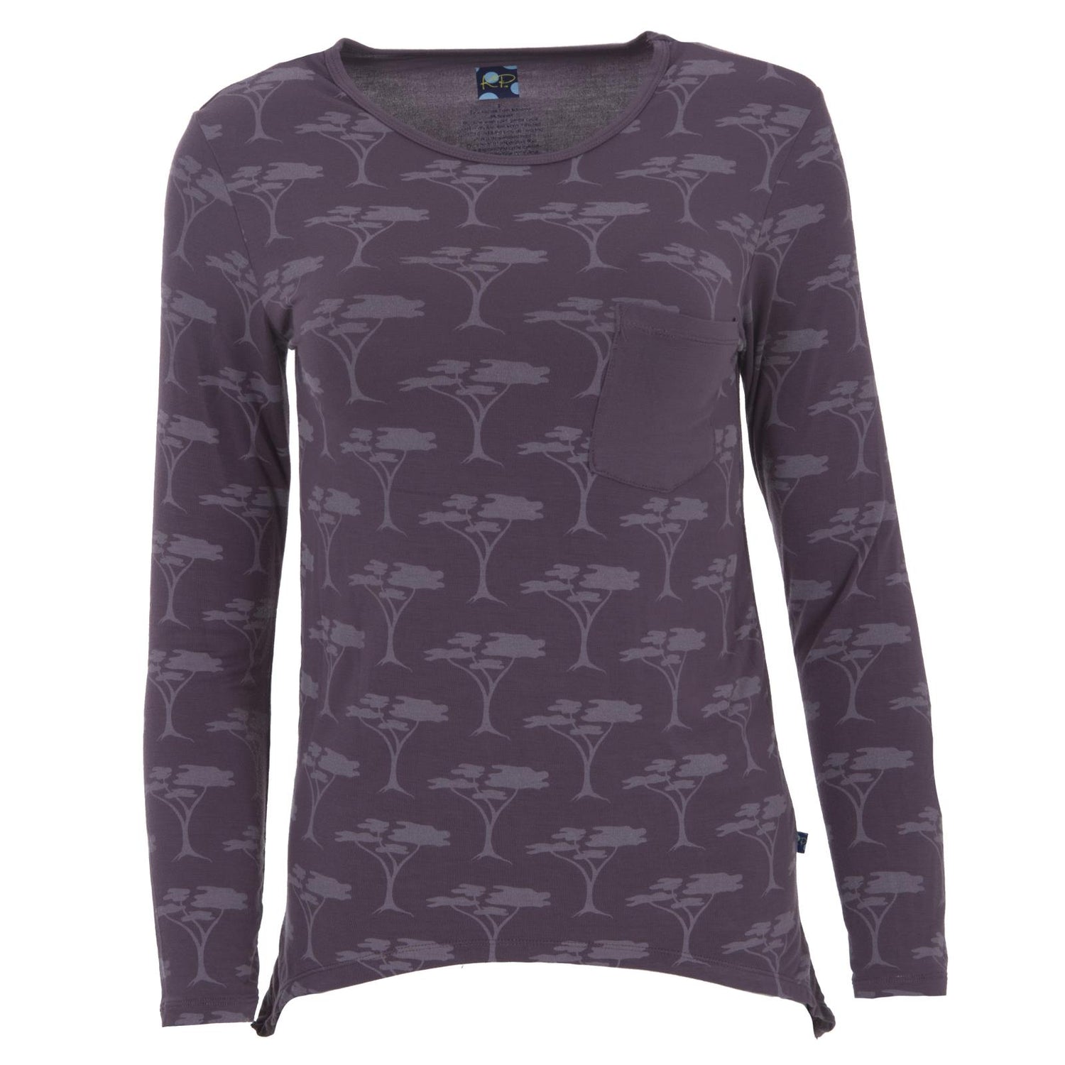 Print Long Sleeve Side-Tailed Tunic in Fig Acacia Trees