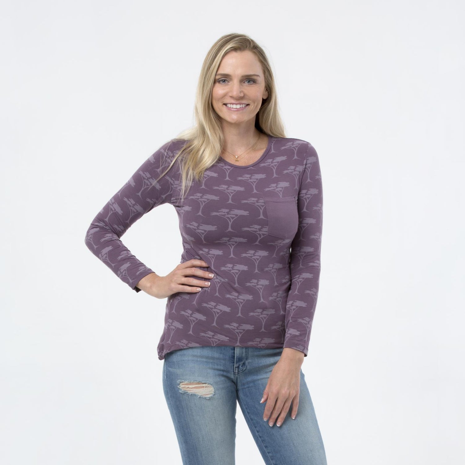 Print Long Sleeve Side-Tailed Tunic in Fig Acacia Trees