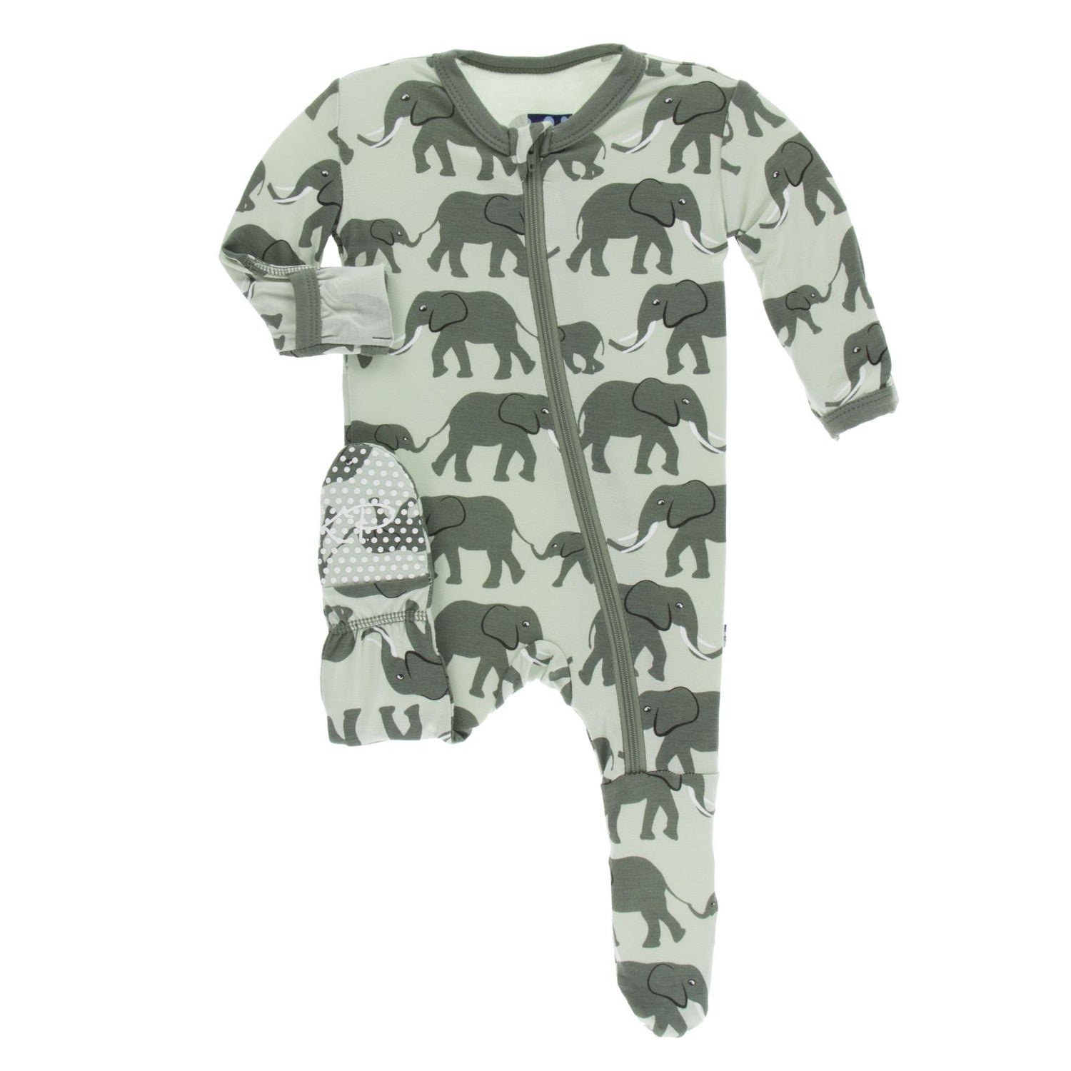 Print Footie with Zipper in Aloe Elephants