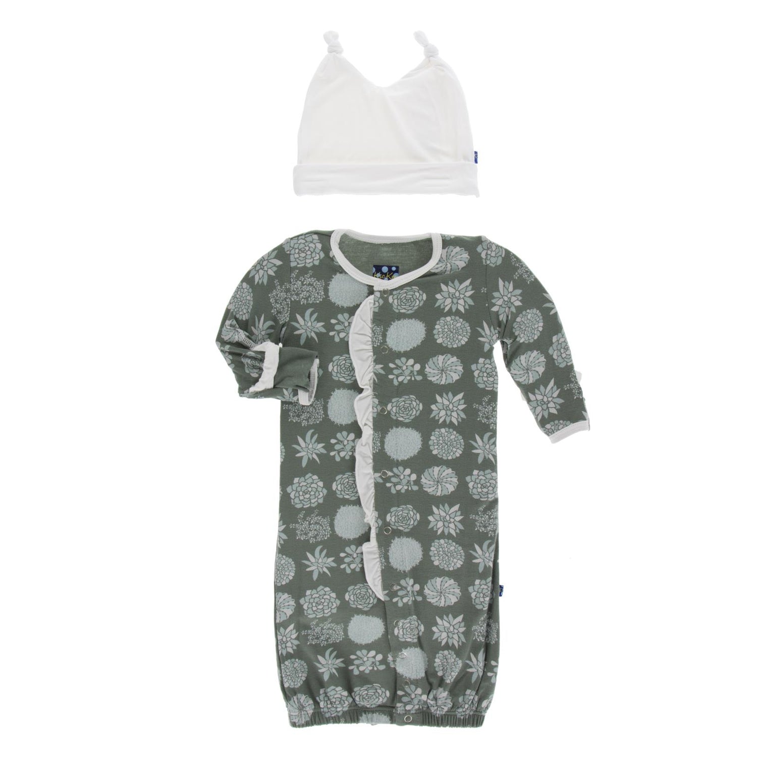 Print Ruffle Layette Gown Converter & Knot Hat Set in Succulent Plants