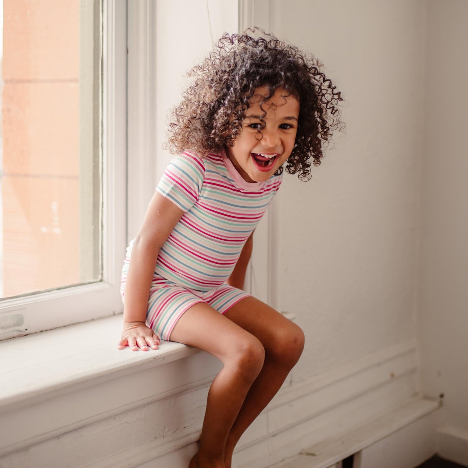 Print Short Sleeve Pajama Set with Shorts in Make Believe Stripe