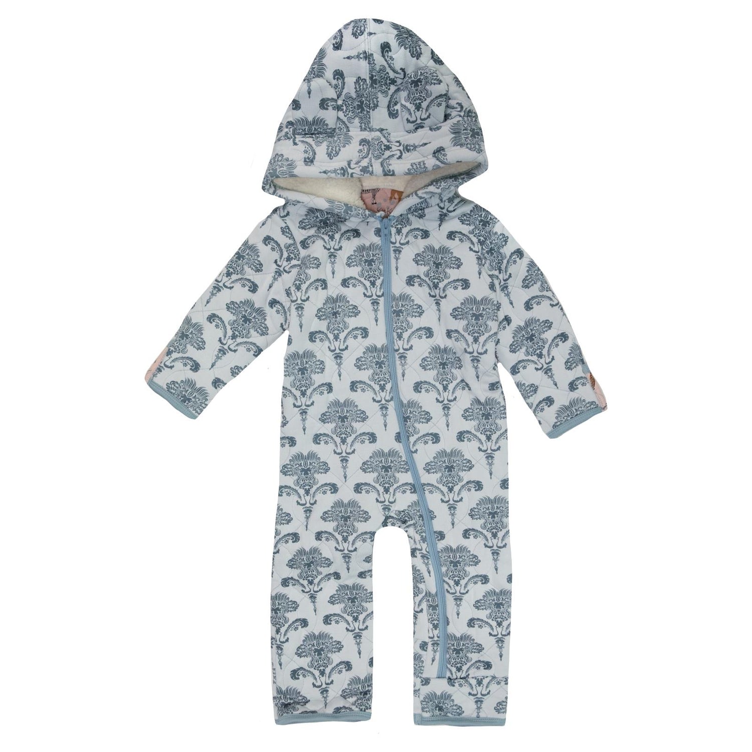 Print Quilted Hoodie Coverall with Sherpa-Lined Hood and Zipper in Illusion Blue Damask/Baby Rose Just So Animals