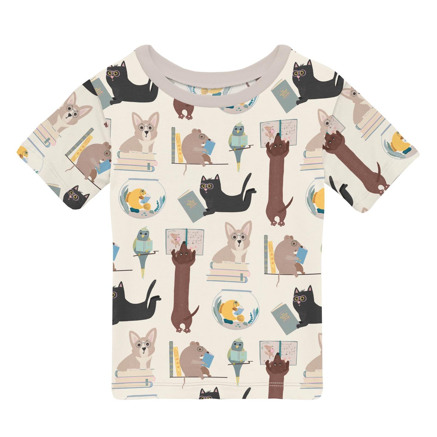 Print Short Sleeve Crew Neck Tee in Natural Books & Pets (313811)
