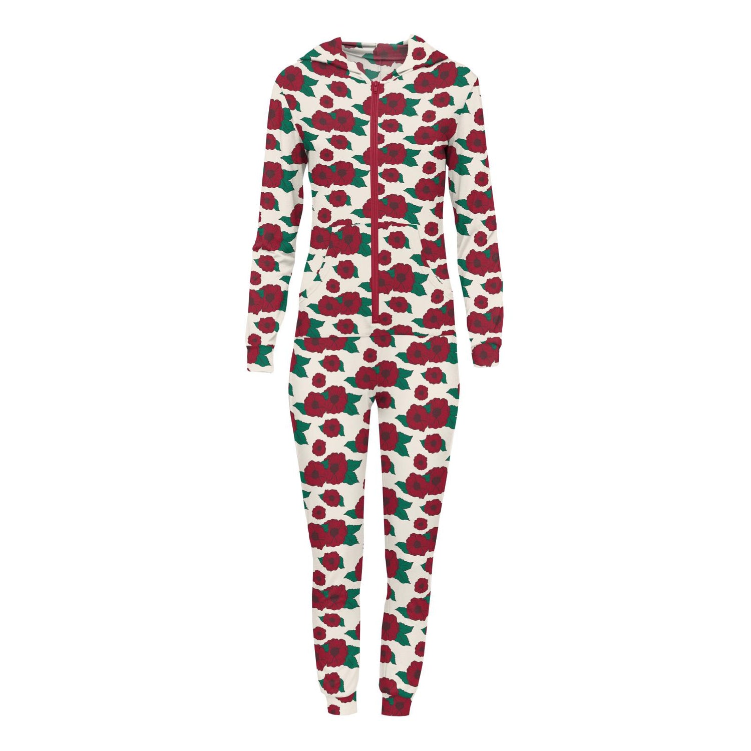 Women's Print Long Sleeve Jumpsuit with Hood in Holiday Poppies