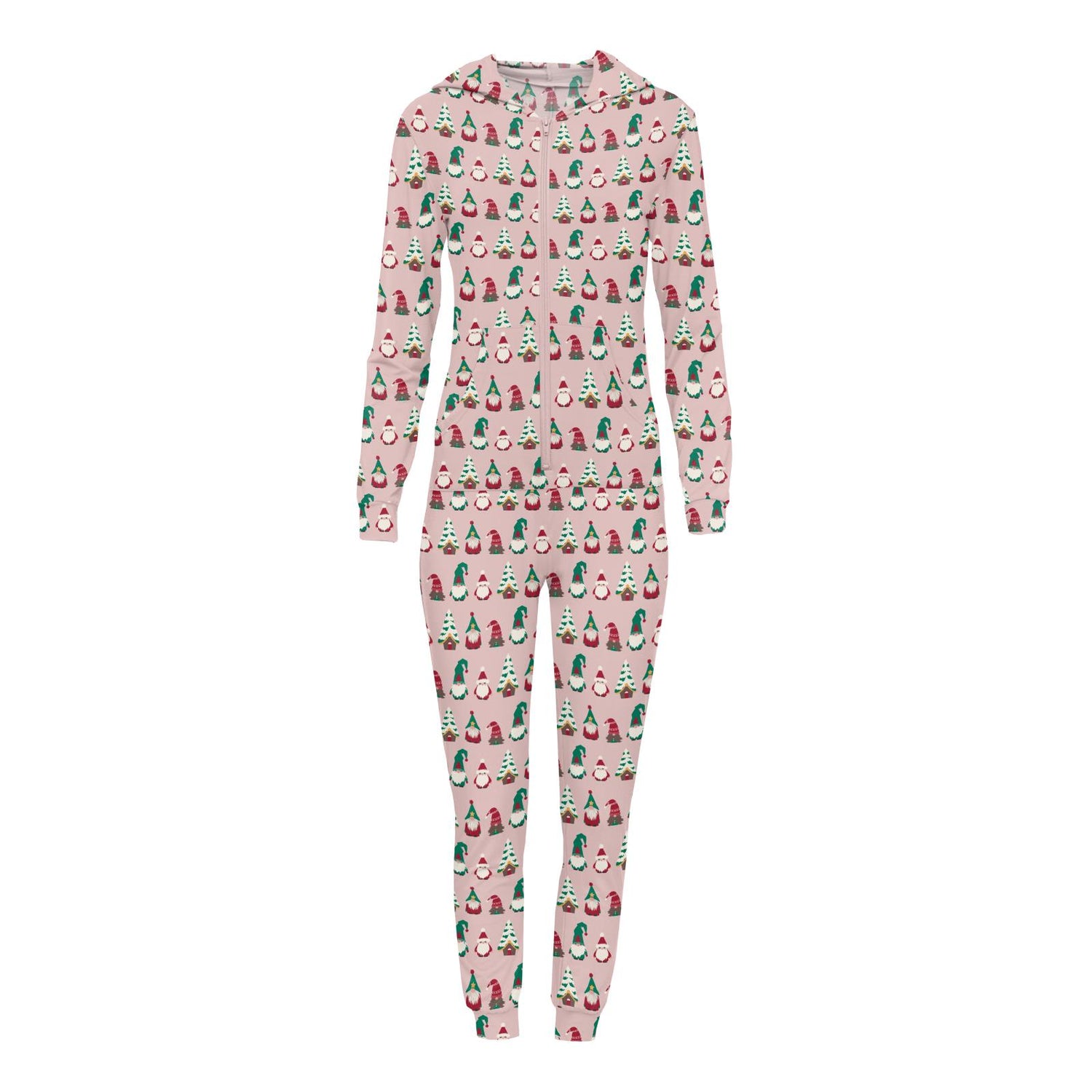 Women's Print Long Sleeve Jumpsuit with Hood in Baby Rose Gnomes