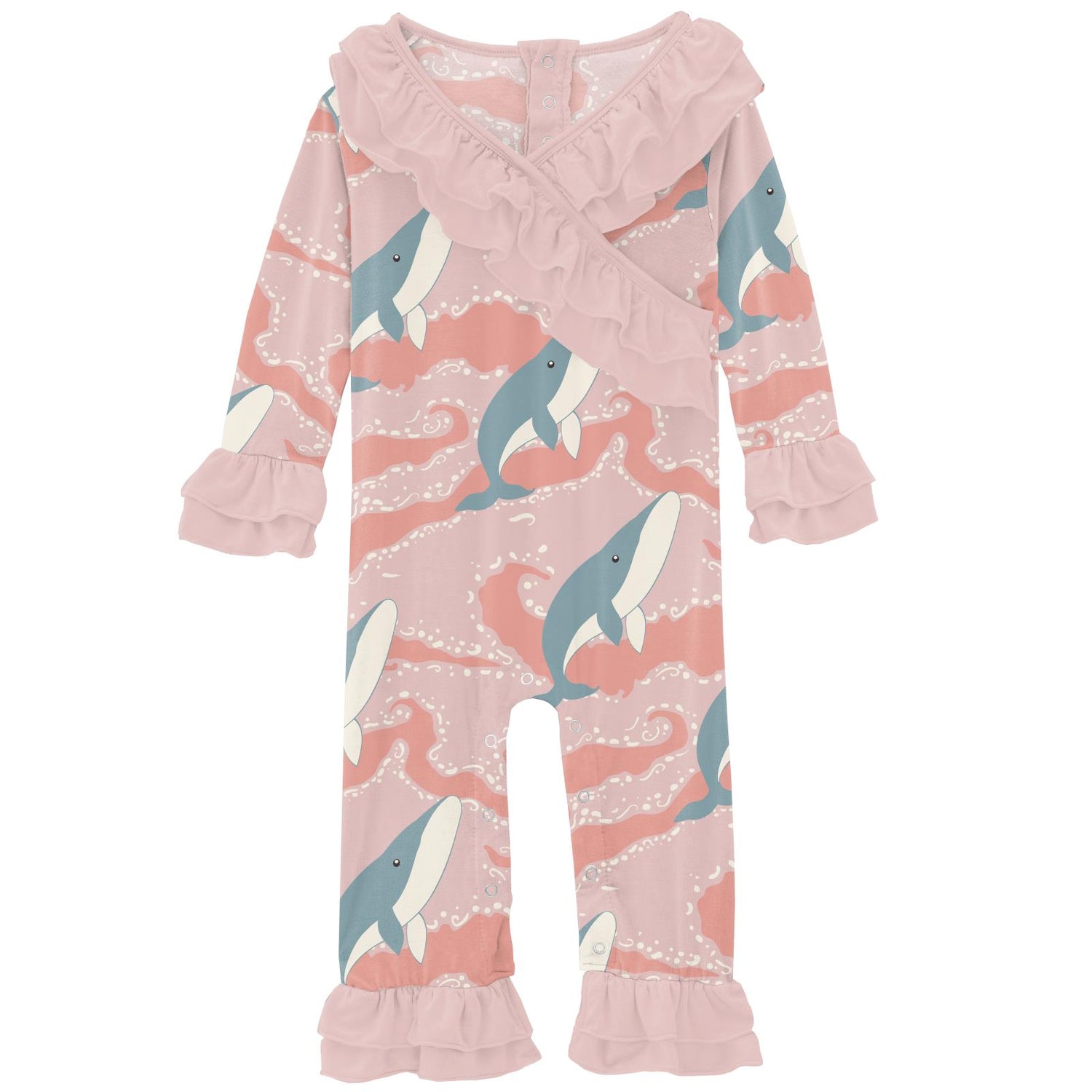 Print Long Sleeve Kimono Double Ruffle Romper in Baby Rose Splashing Whales