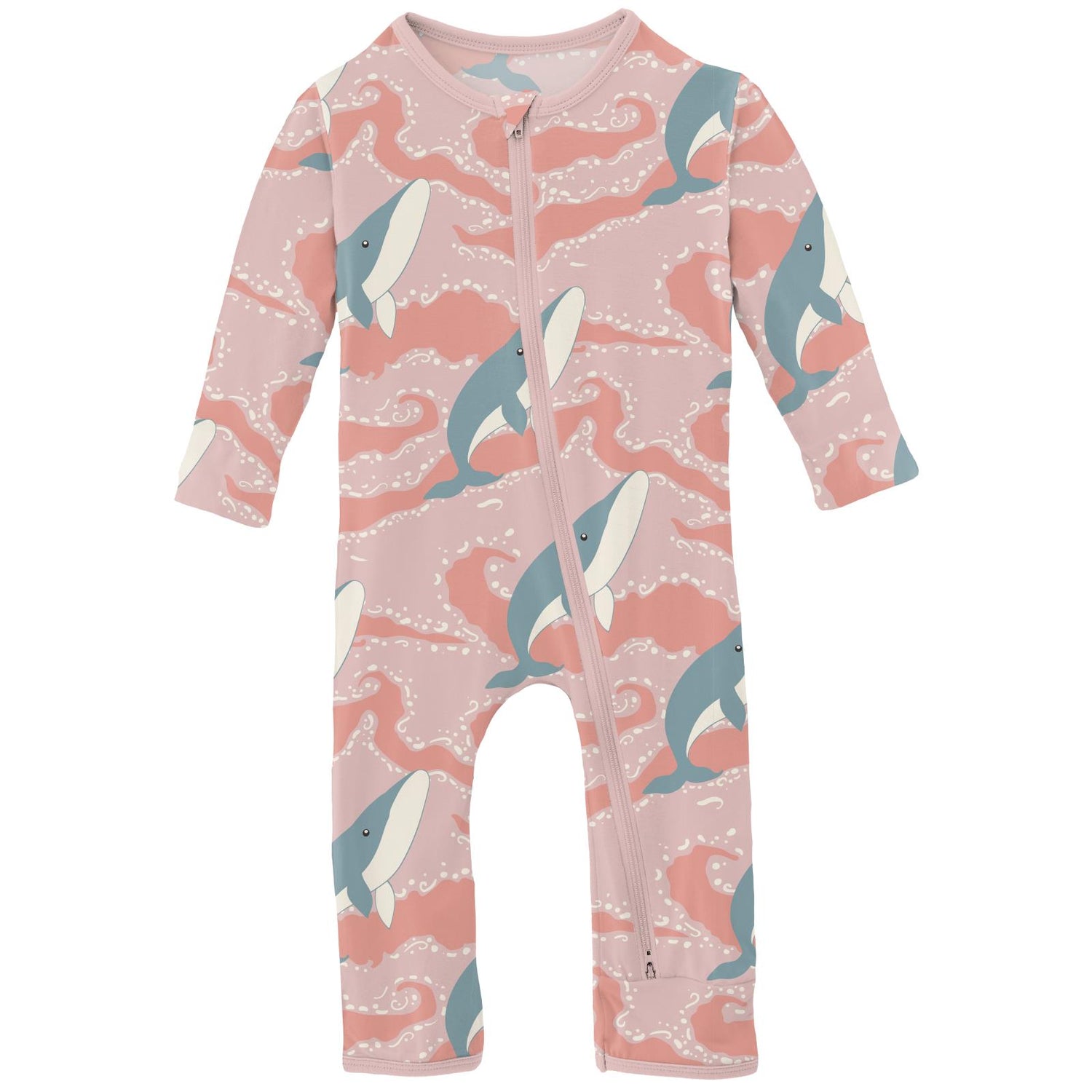 Print Coverall with 2 Way Zipper in Baby Rose Splashing Whales