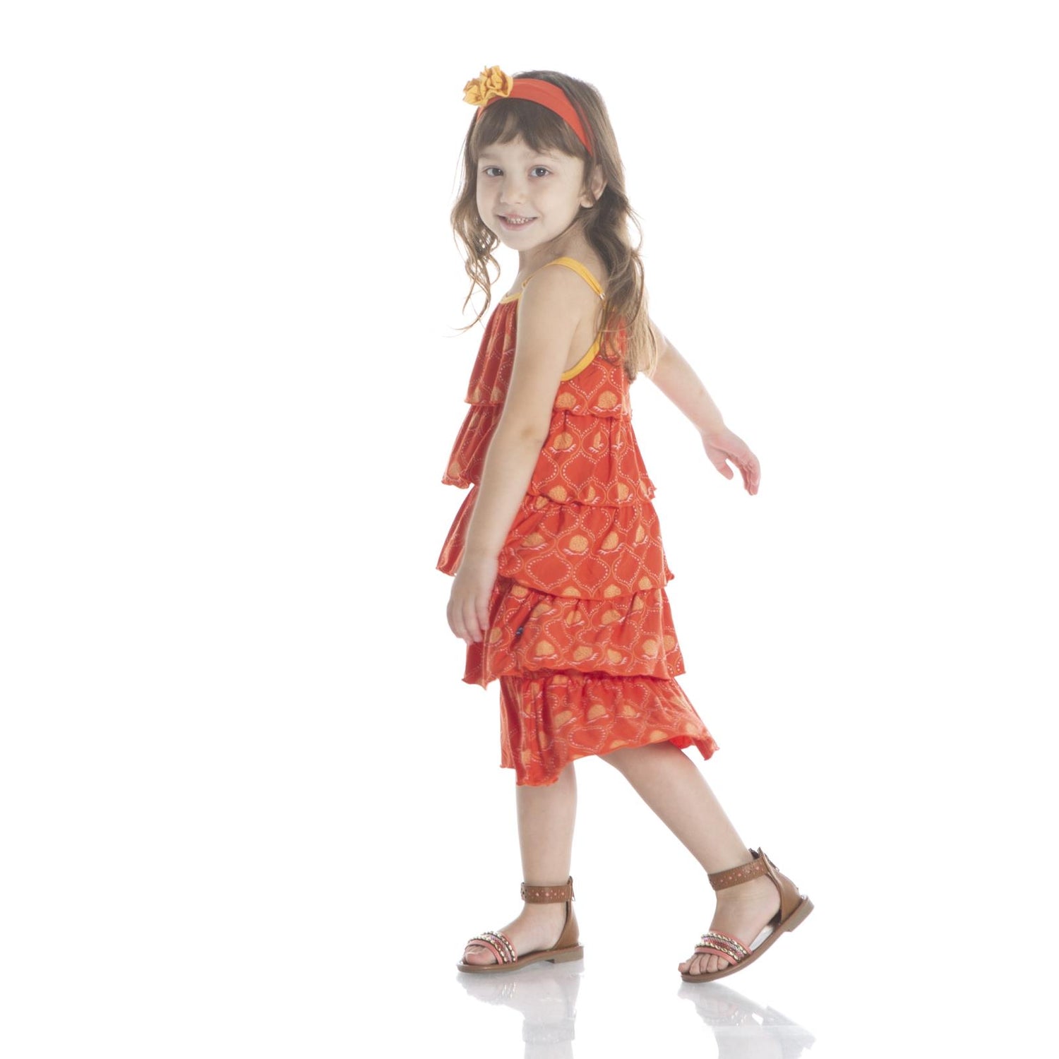 Print Tiered Ruffle Dress in Poppy Marigold Lattice (188077)