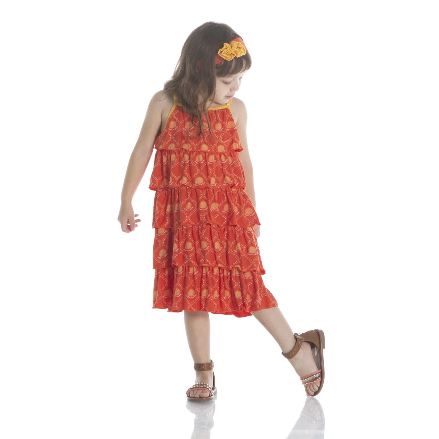 Print Tiered Ruffle Dress in Poppy Marigold Lattice (188380)