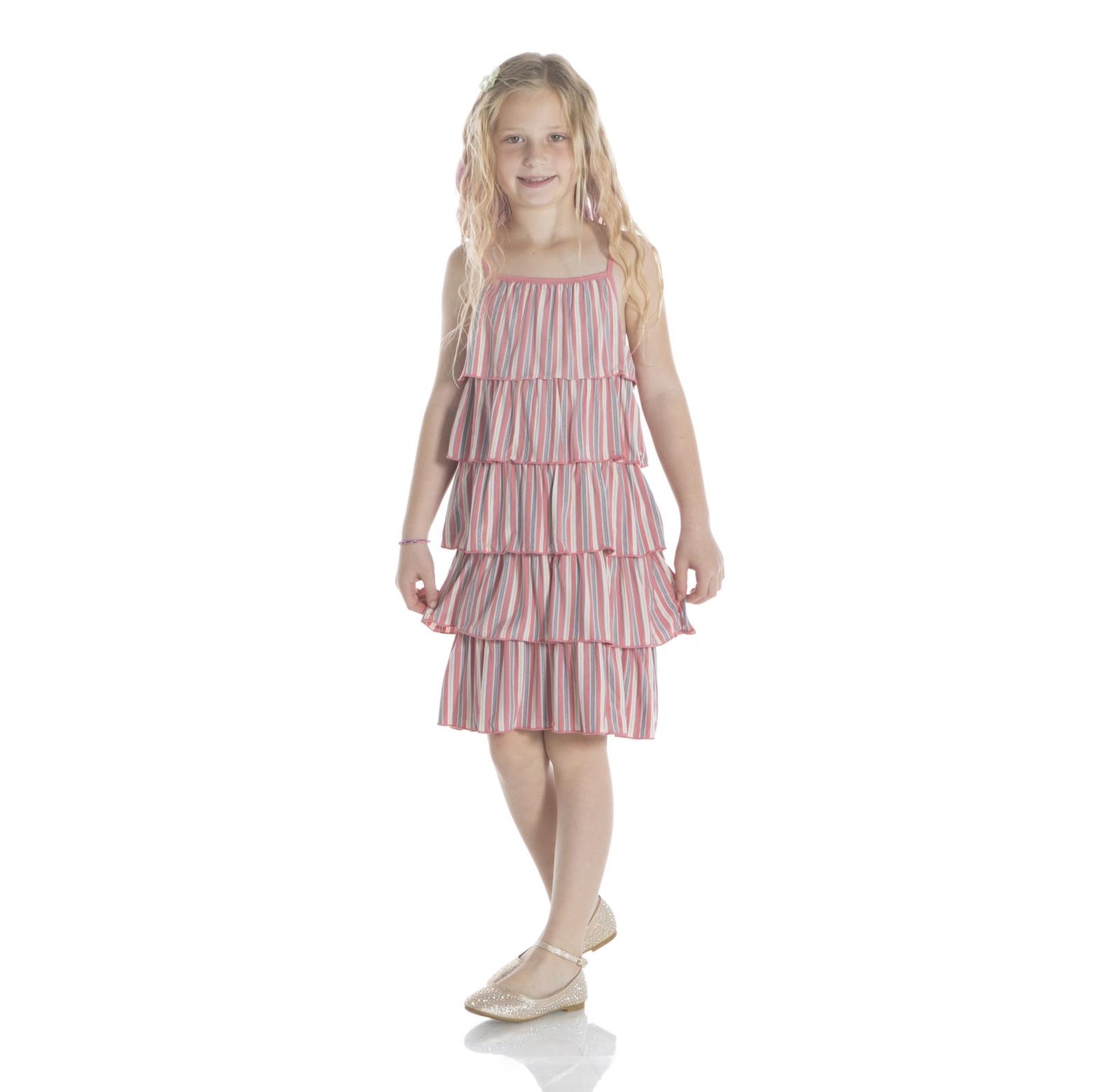 Print Tiered Ruffle Dress in India Dawn Stripe