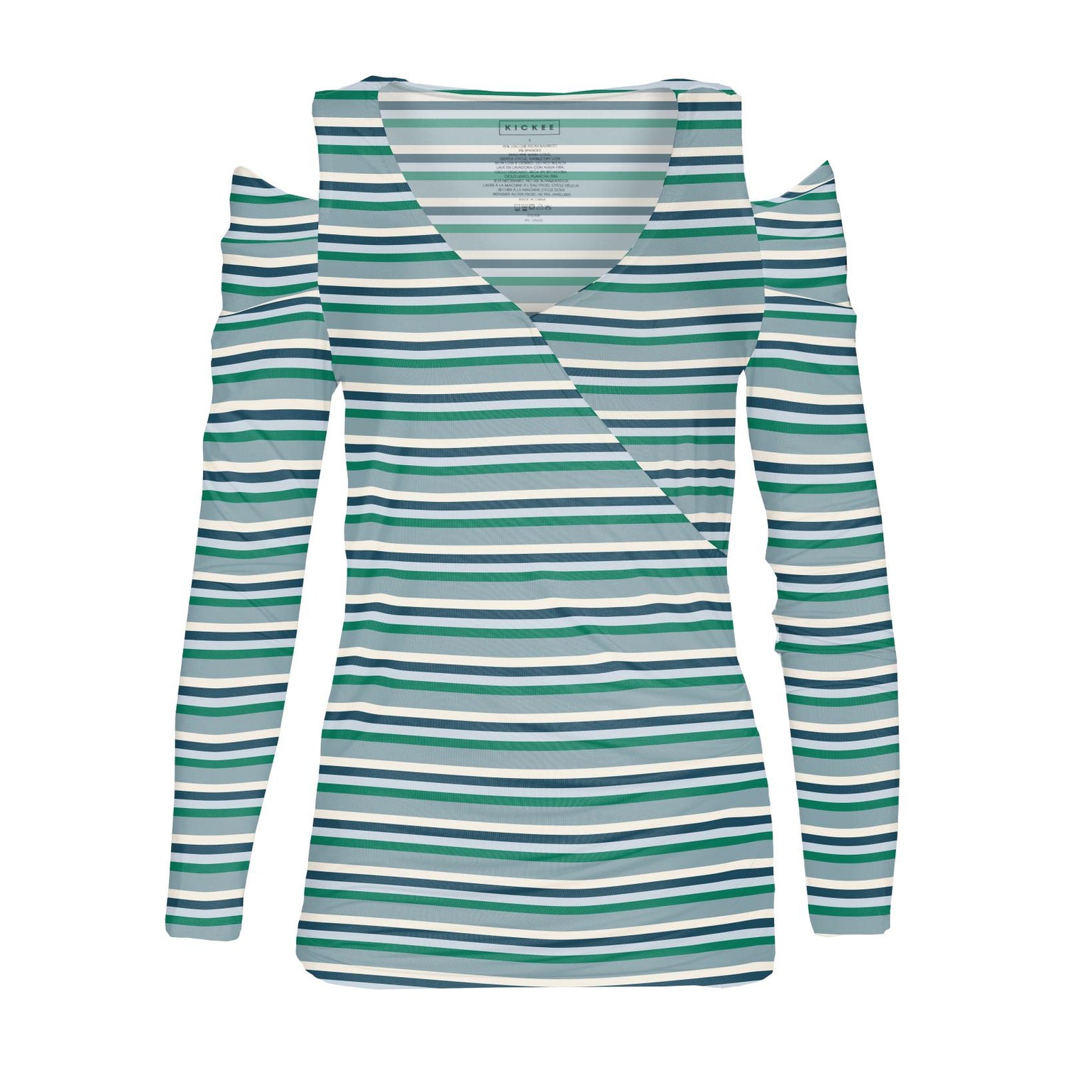 Women's Print Long Sleeve Open-Shoulder Kimono Tee in Stormy Sea Stripe