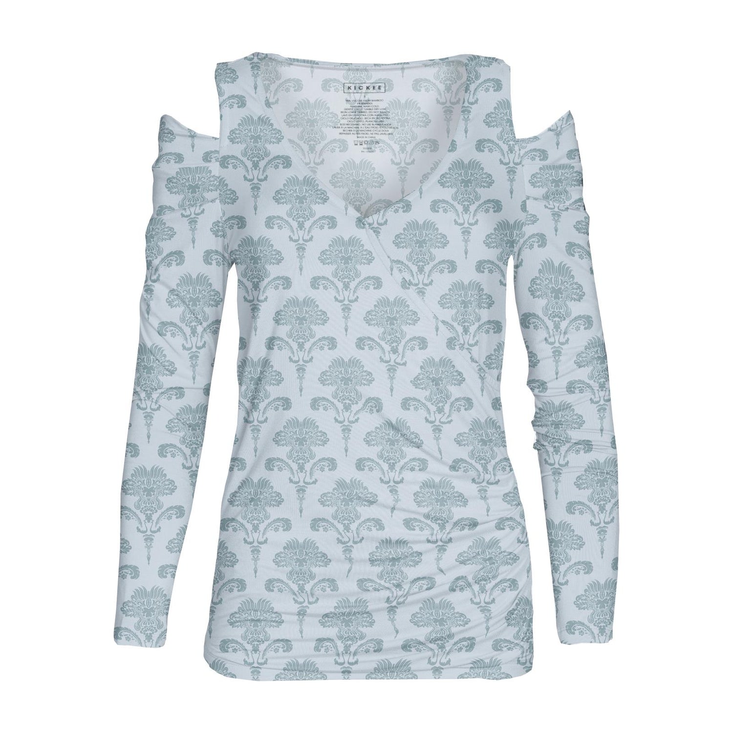 Women's Print Long Sleeve Open-Shoulder Kimono Tee in Illusion Blue Damask