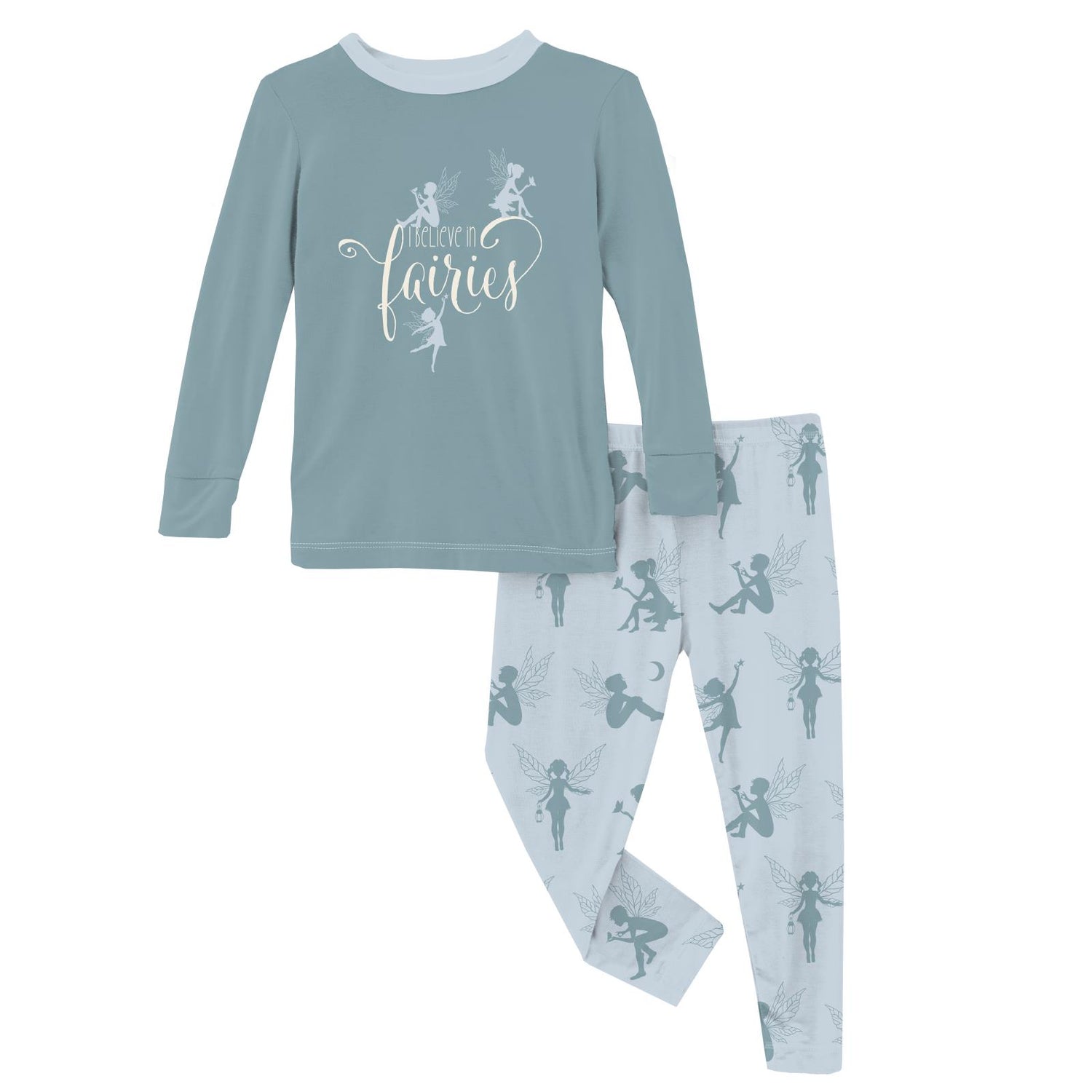 Long Sleeve Graphic Tee Pajama Set in Illusion Blue Forest Fairies