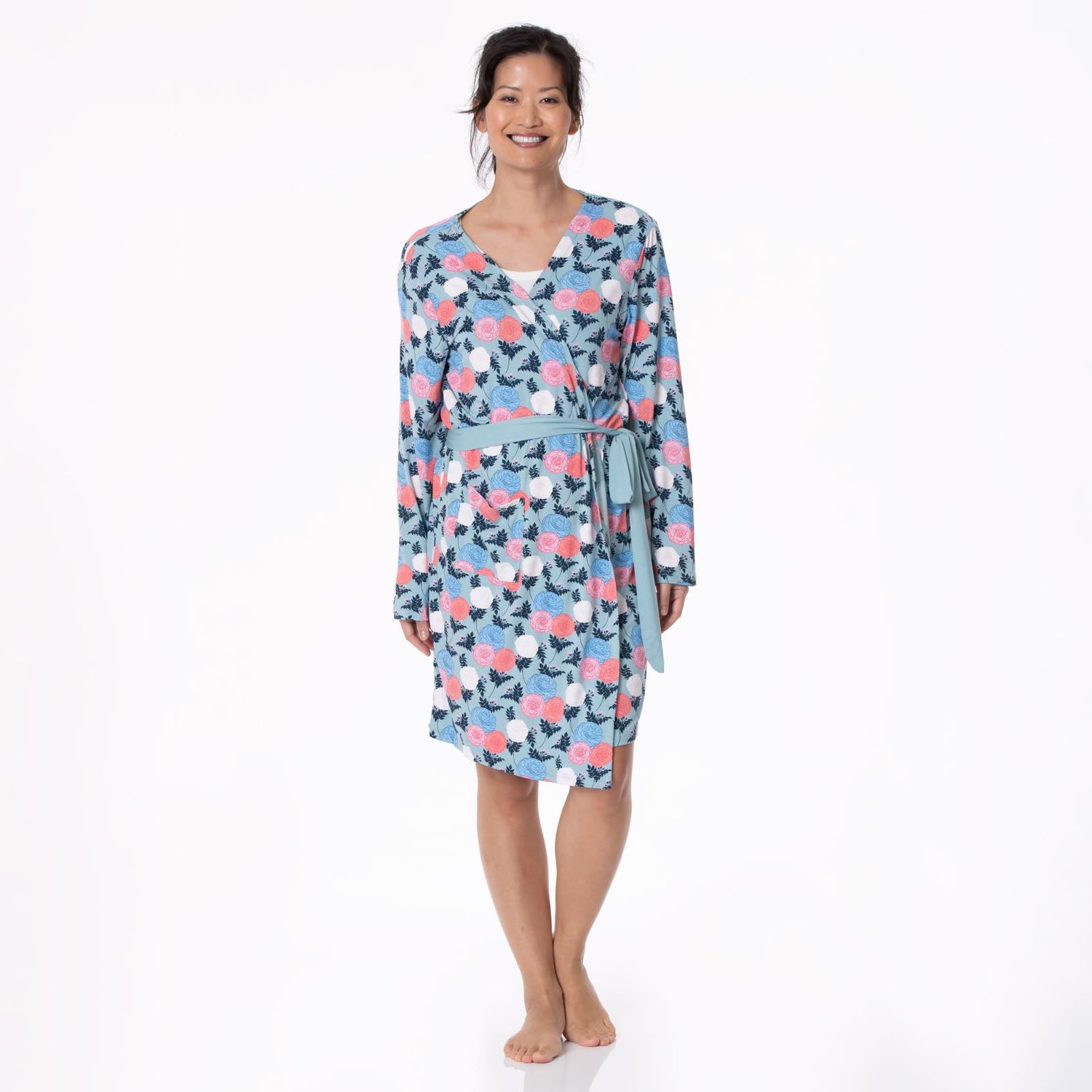 Women's Print Mid Length Lounge Robe in Stormy Sea Enchanted Floral