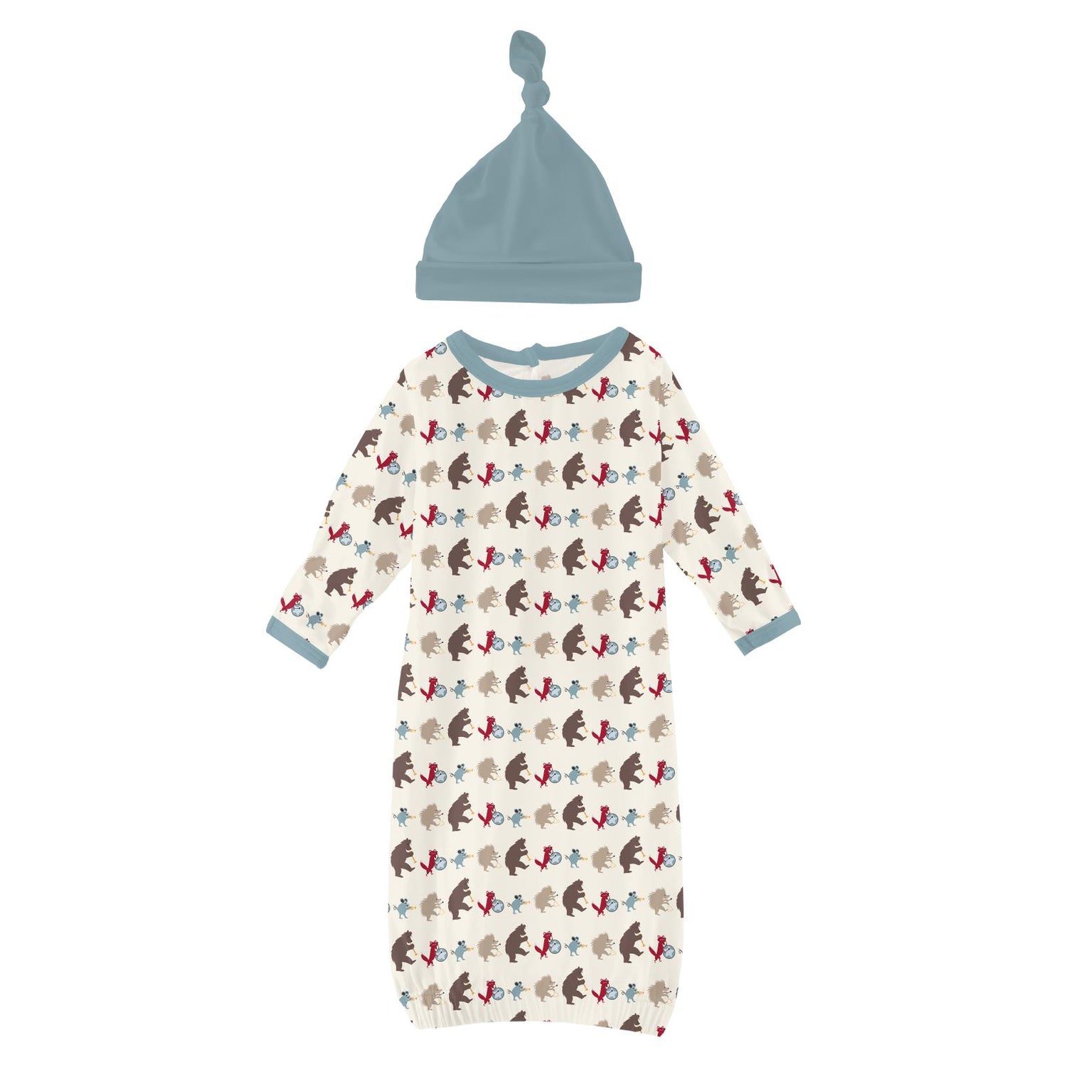 Print Layette Gown & Single Knot Hat Set in Natural Marching Band