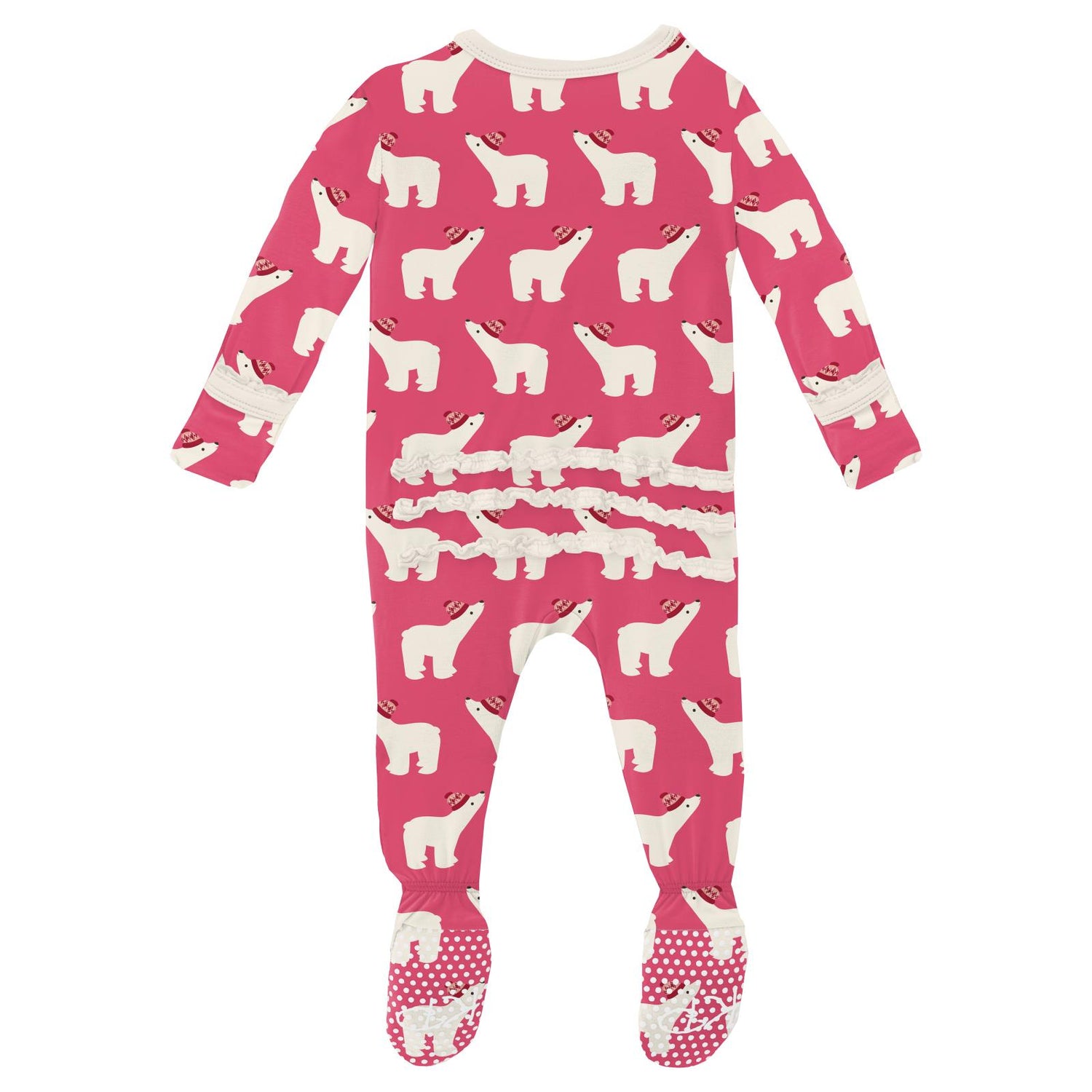 Print Muffin Ruffle Footie with 2 Way Zipper in Winter Rose Polar Bears