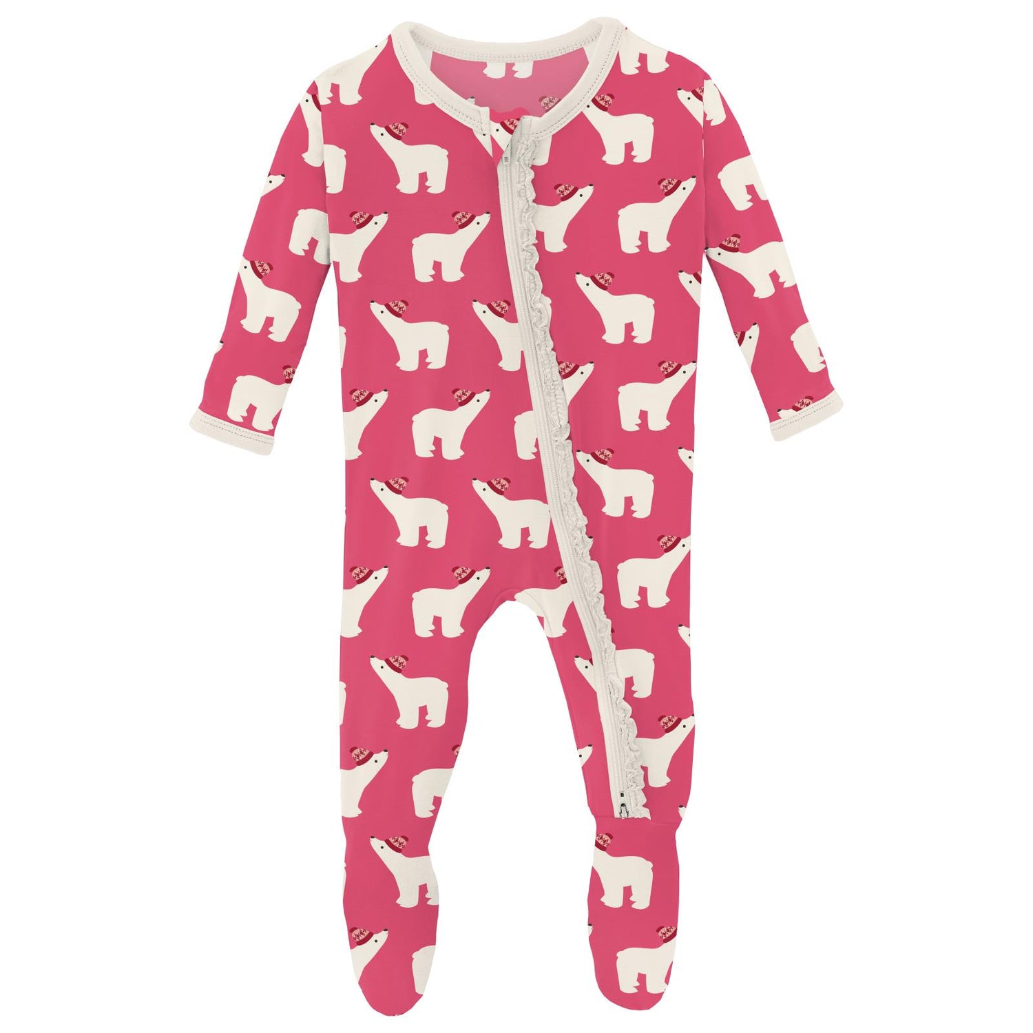 Print Muffin Ruffle Footie with 2 Way Zipper in Winter Rose Polar Bears