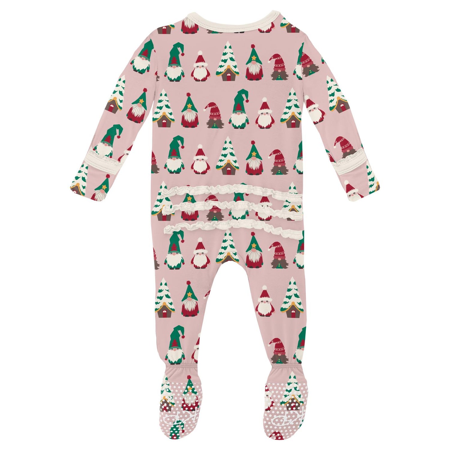 Print Muffin Ruffle Footie with 2 Way Zipper in Baby Rose Gnomes