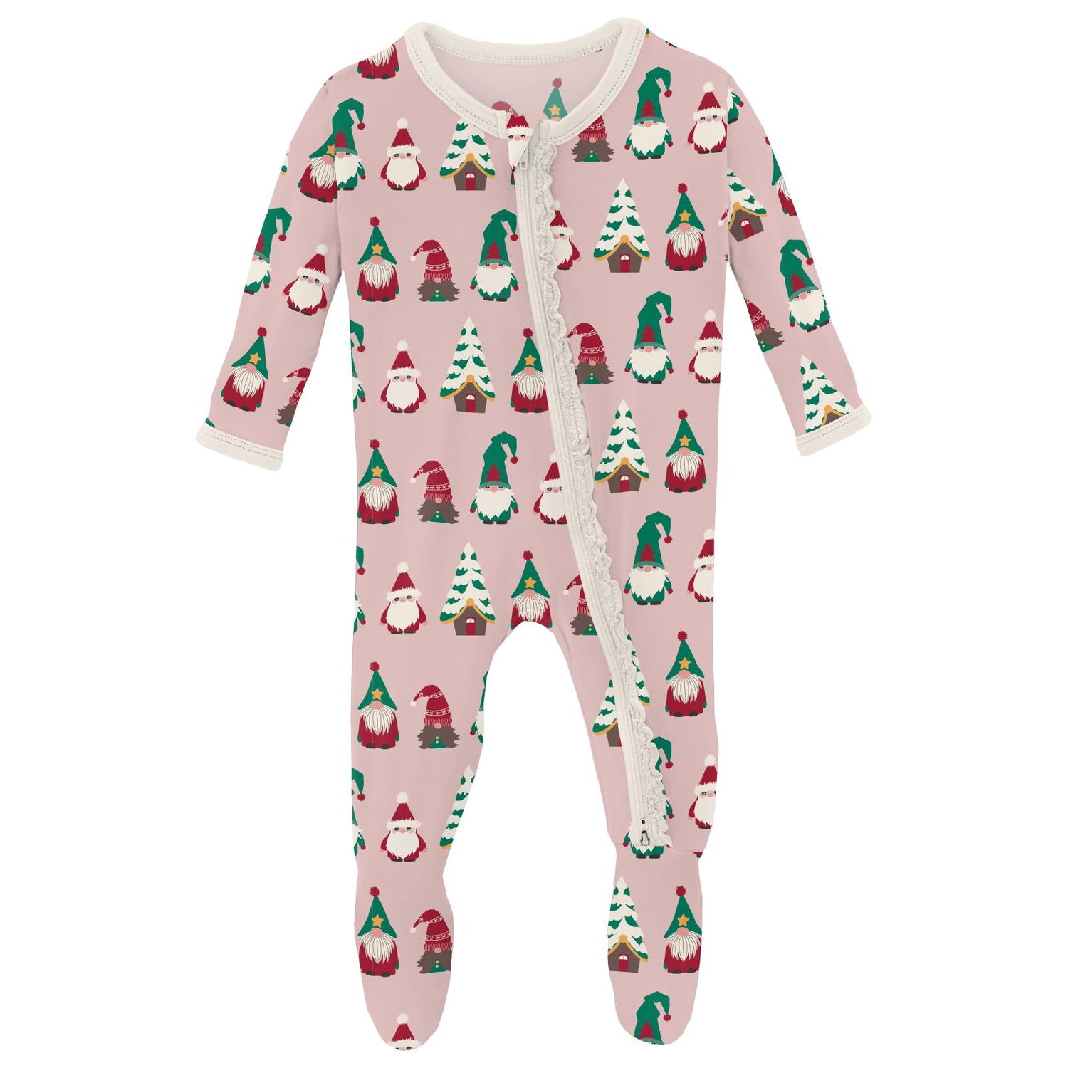 Print Muffin Ruffle Footie with 2 Way Zipper in Baby Rose Gnomes