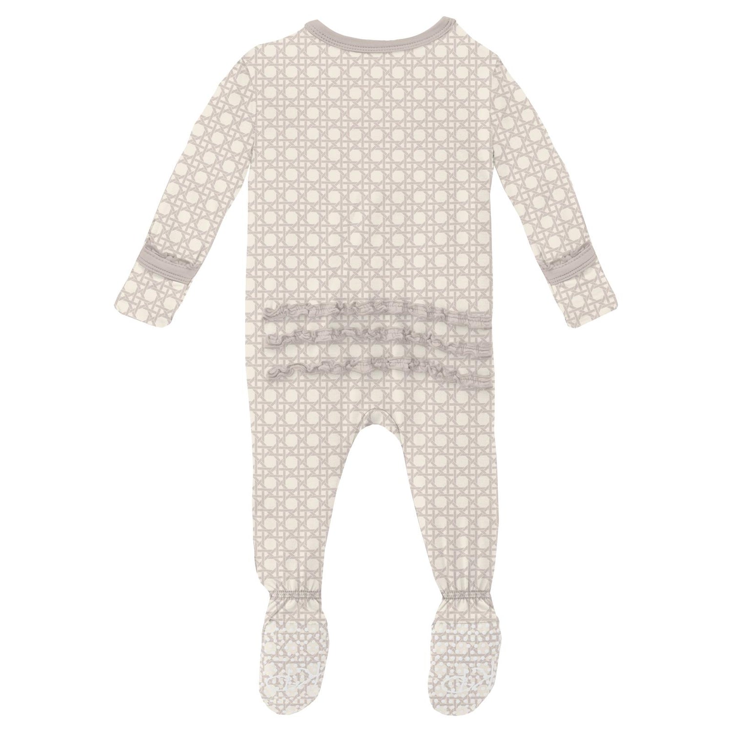 Print Muffin Ruffle Footie with 2 Way Zipper in Latte Wicker