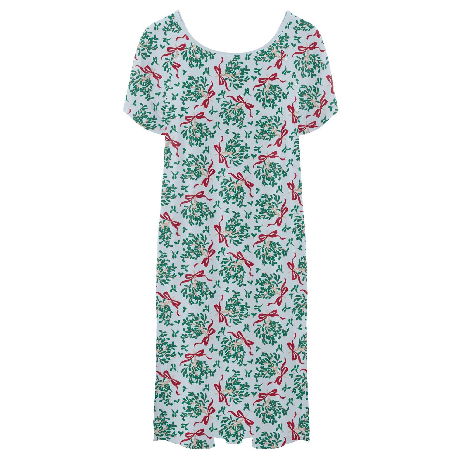 Women's Print Hospital Gown in Illusion Blue Mistletoe & Ribbons