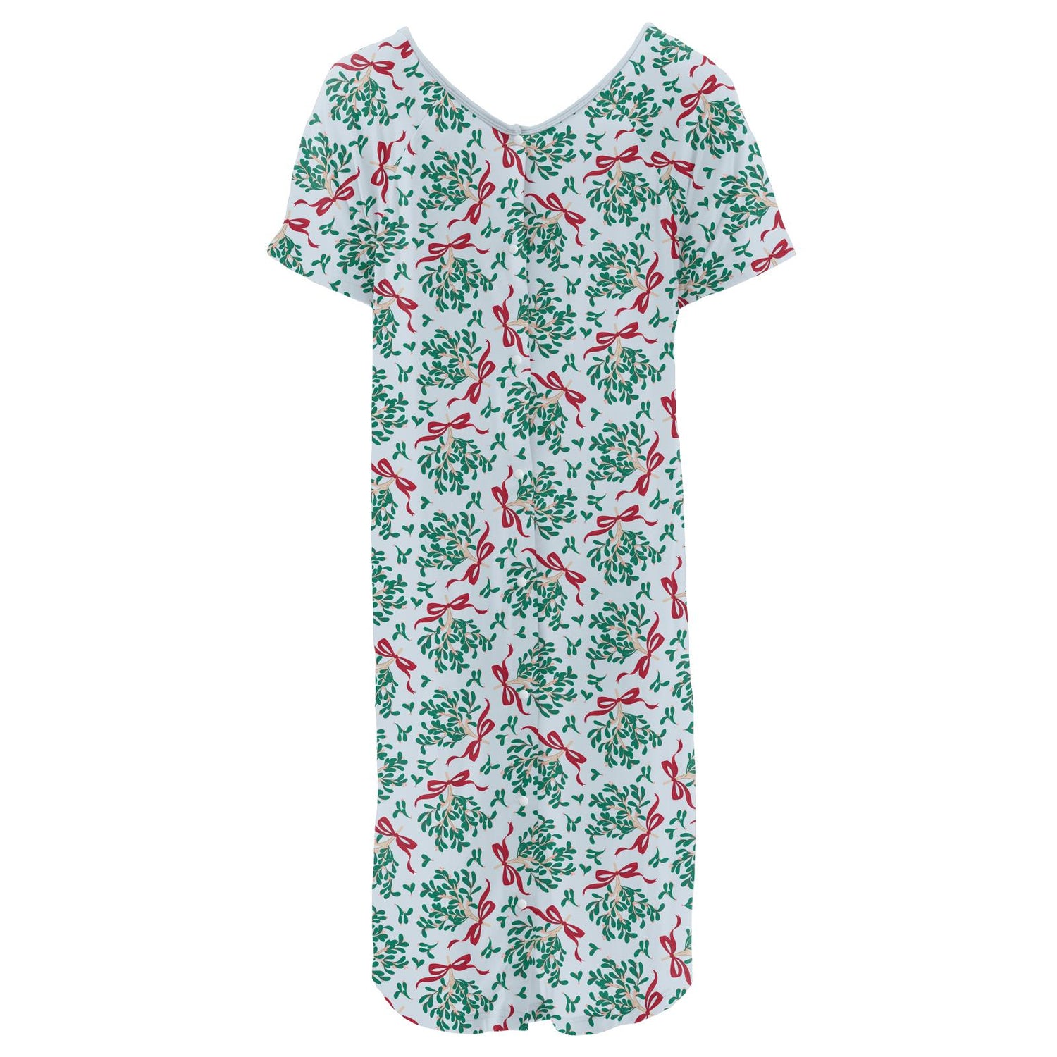 Women's Print Hospital Gown in Illusion Blue Mistletoe & Ribbons