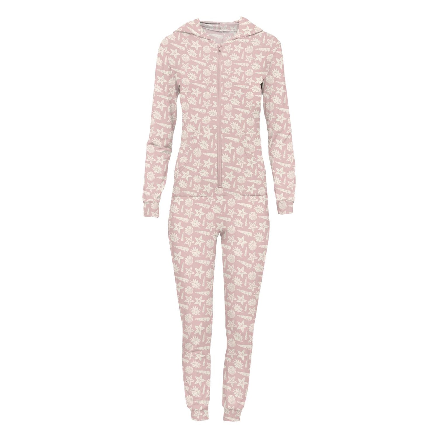 Women's Print Long Sleeve Jumpsuit with Hood in Baby Rose Shells & Starfish