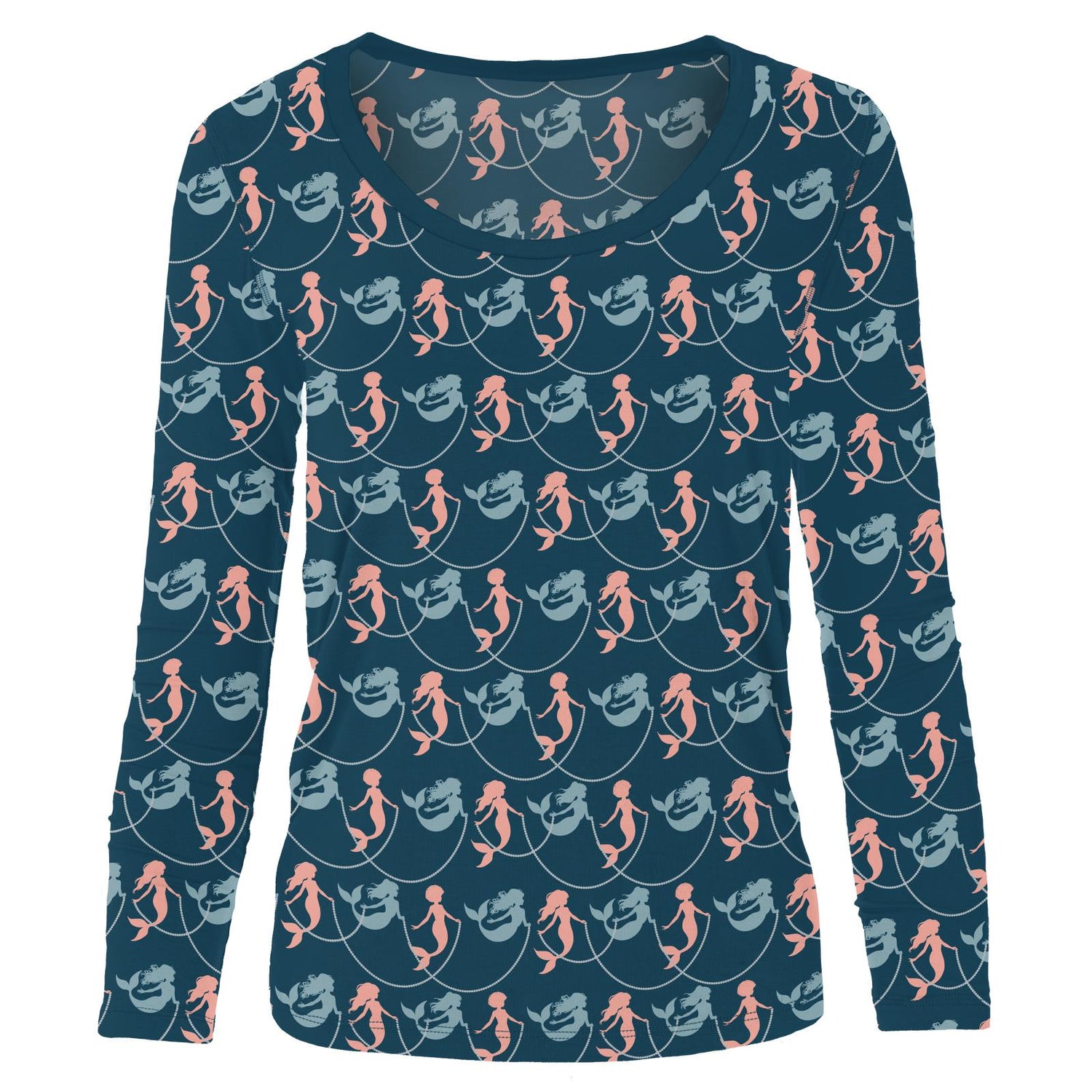 Women's Print Long Sleeve Scoop Neck Tee in Peacock Mermaids & Pearls