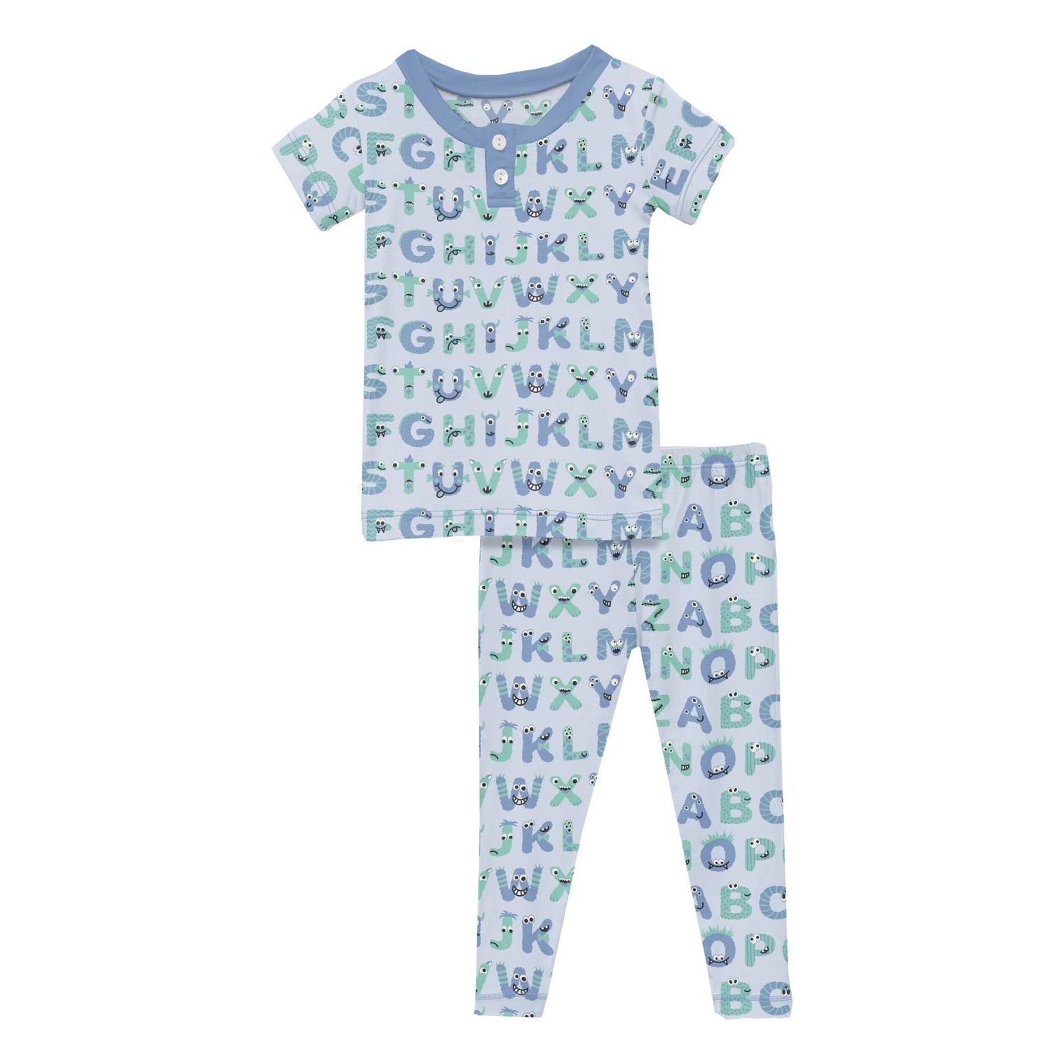 Print Short Sleeve Henley Pajama Set in Dew ABC Monsters