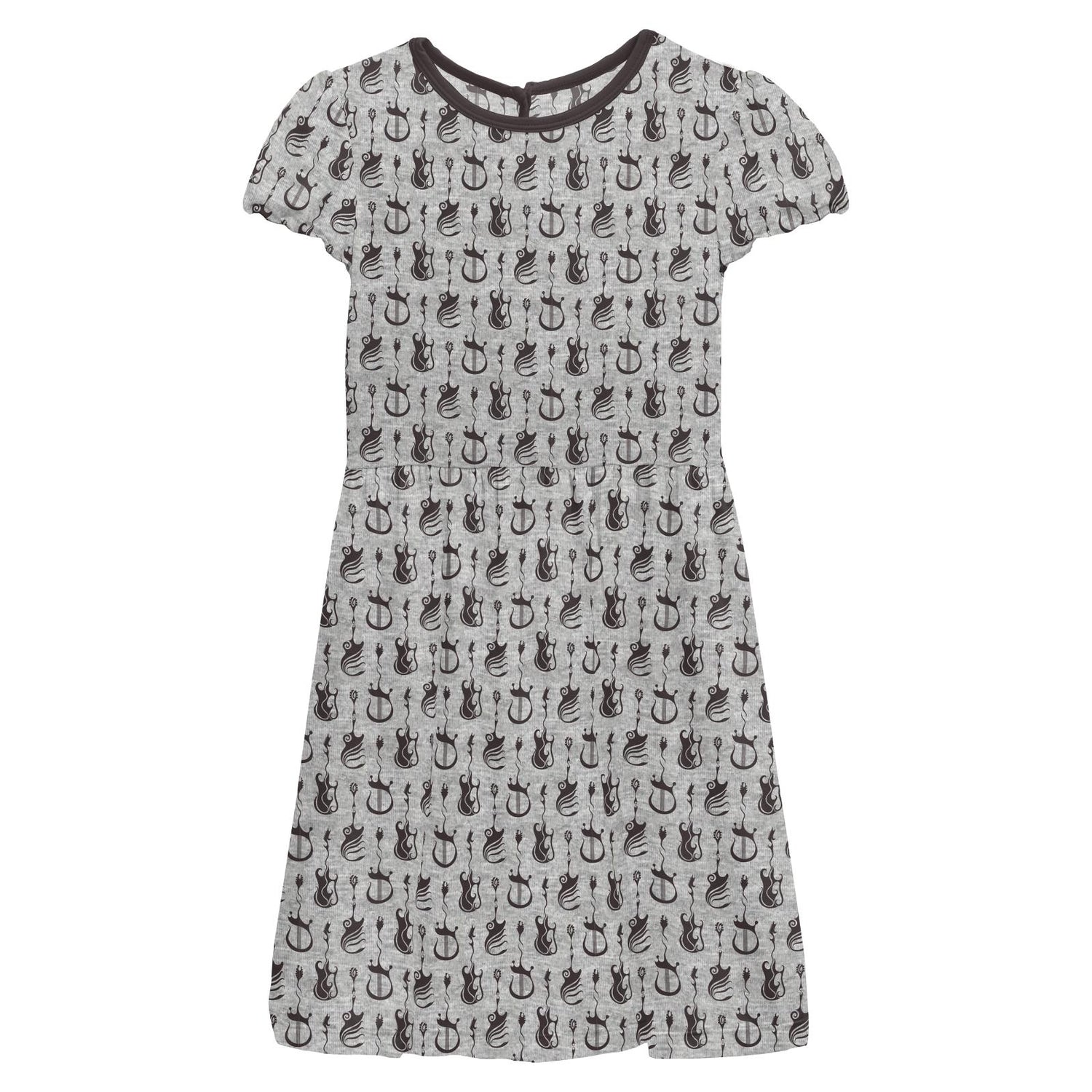 Print Flutter Sleeve Twirl Dress with Pockets in Heathered Gray Rock and Roll