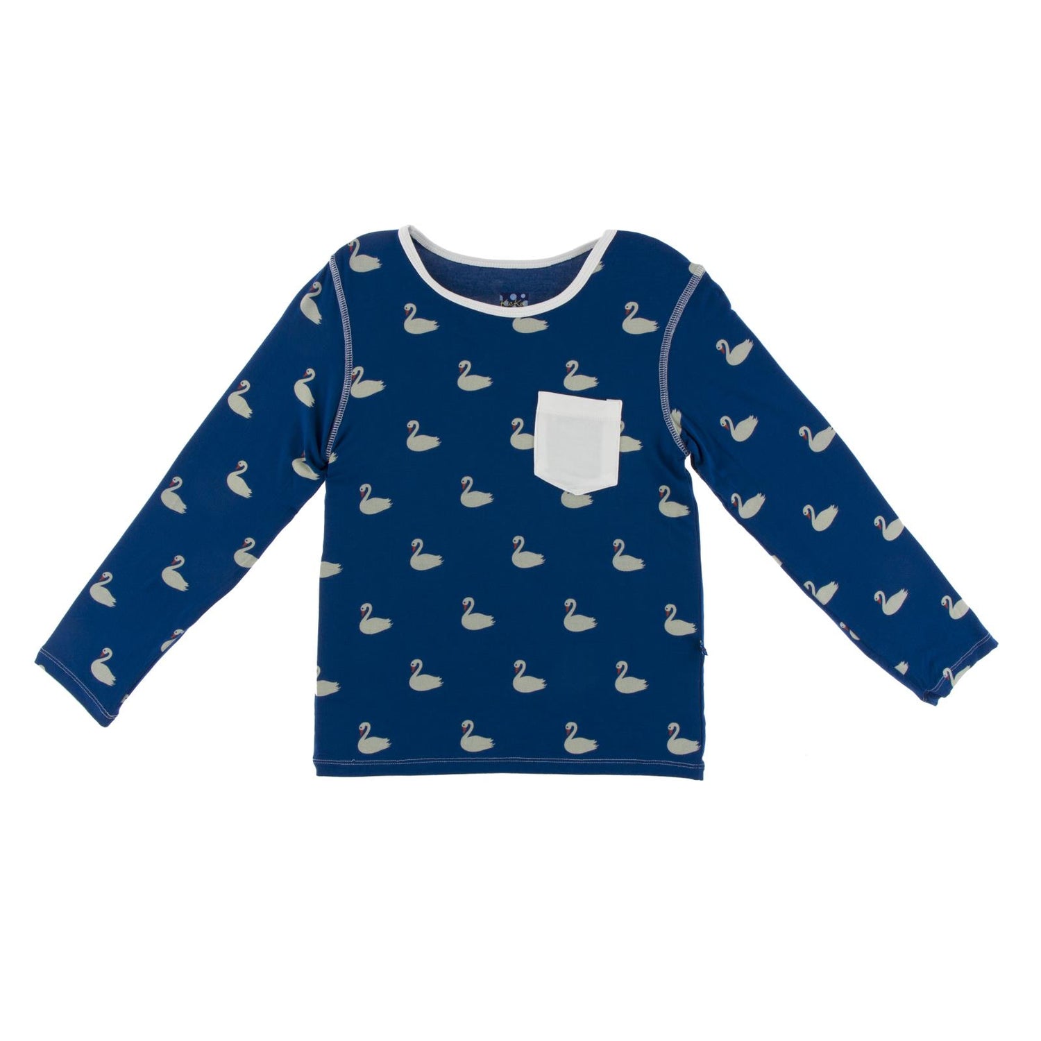 Print Long Sleeve Relaxed Tee with Pocket in Navy Queen's Swans