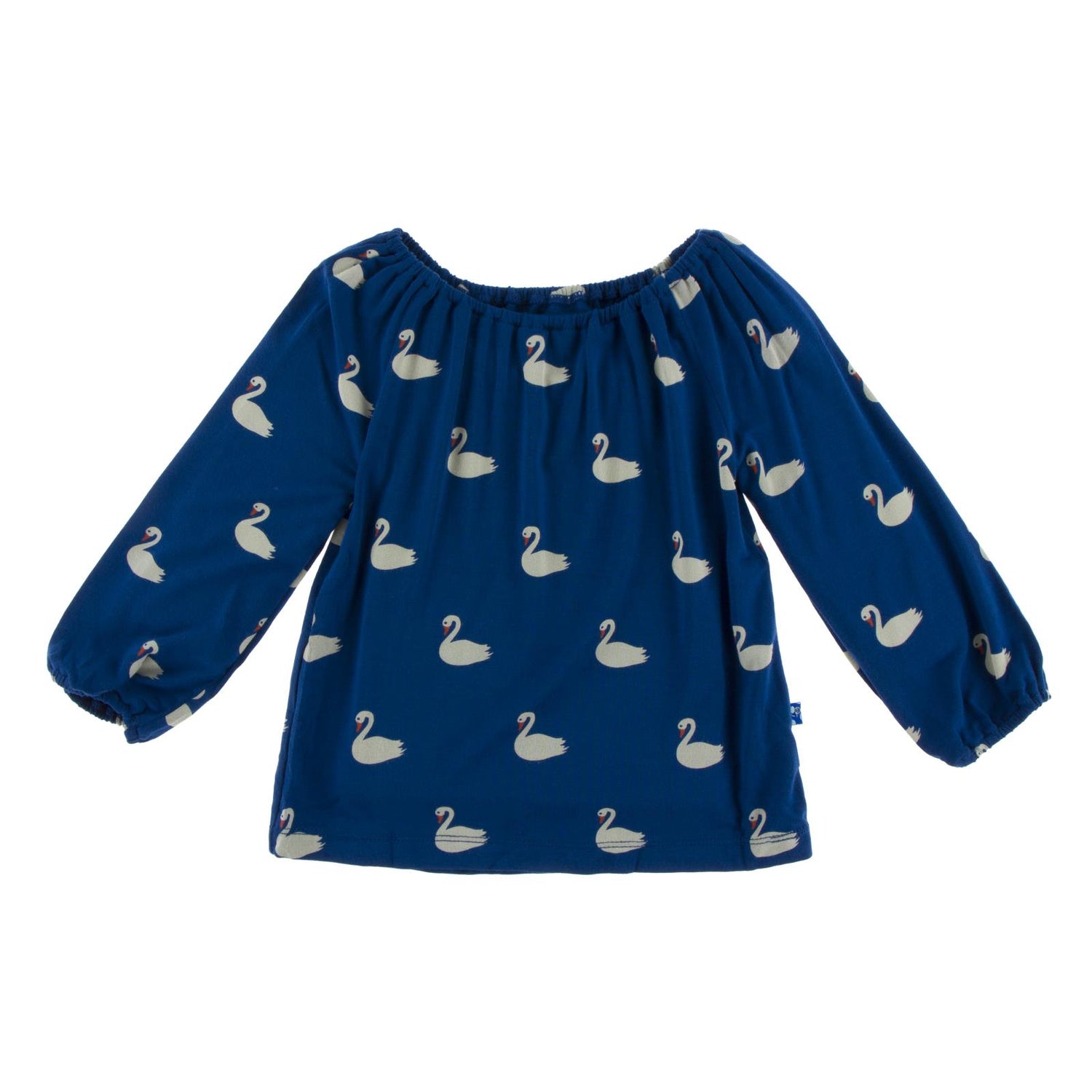 Print Long Sleeve Peasant Top in Navy Queen's Swans (175625)