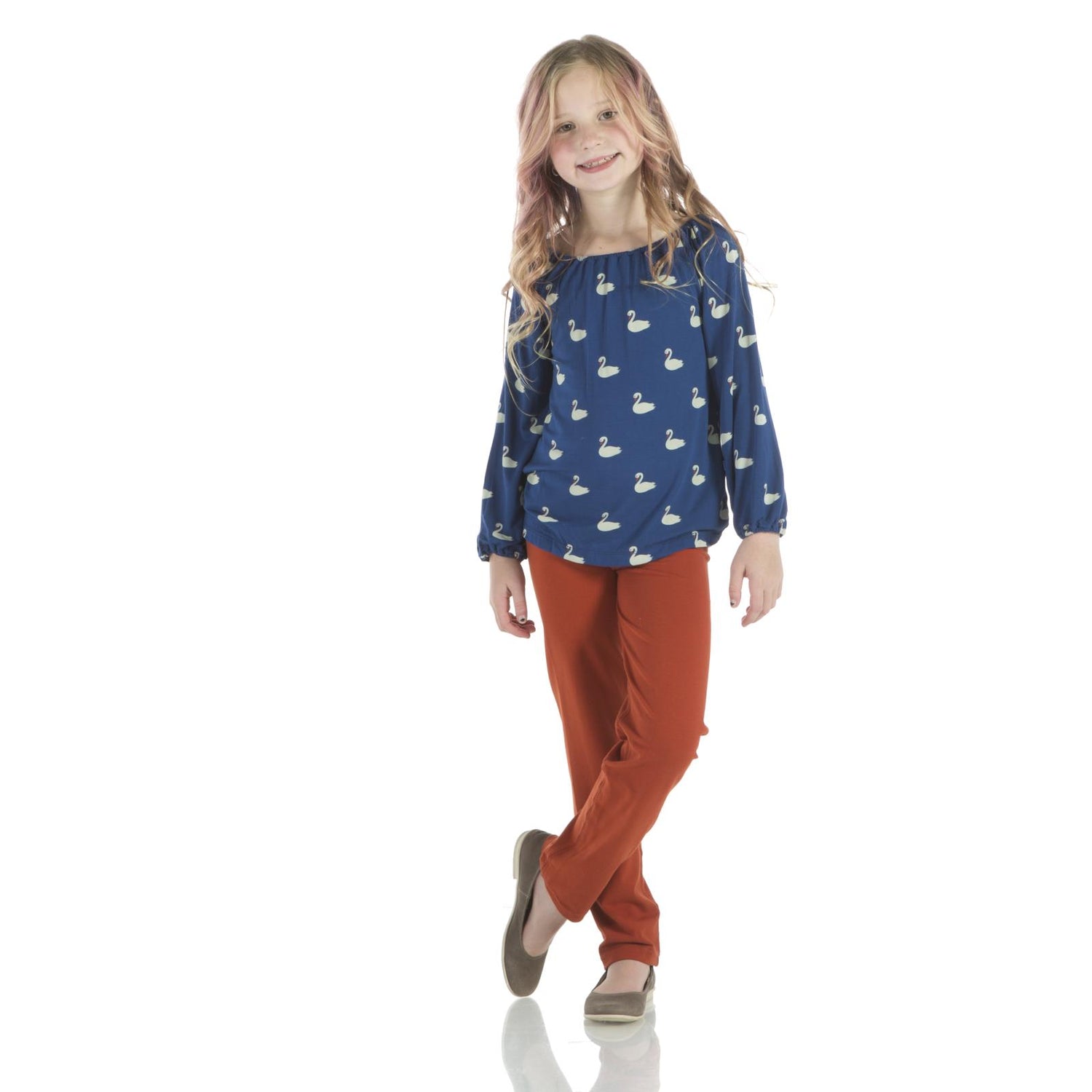 Print Long Sleeve Peasant Top in Navy Queen's Swans (176079)